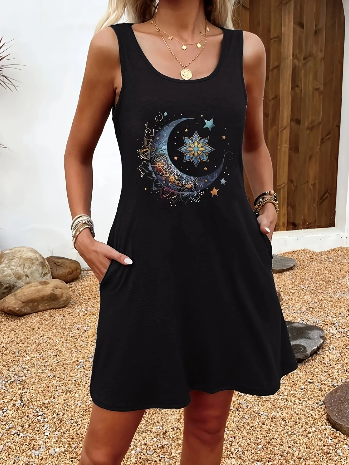 Women's summer loose and comfortable casual lotus pattern printed black sleeveless vest skirt punk style dress