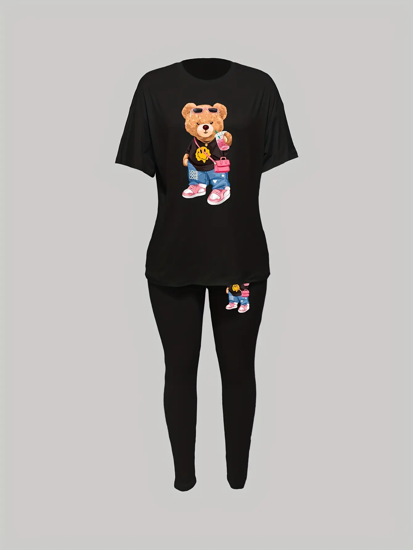 Women's Teddy Bear printed round neck short sleeved T-shirt+leggings two-piece high street unisex plus plus loose fit