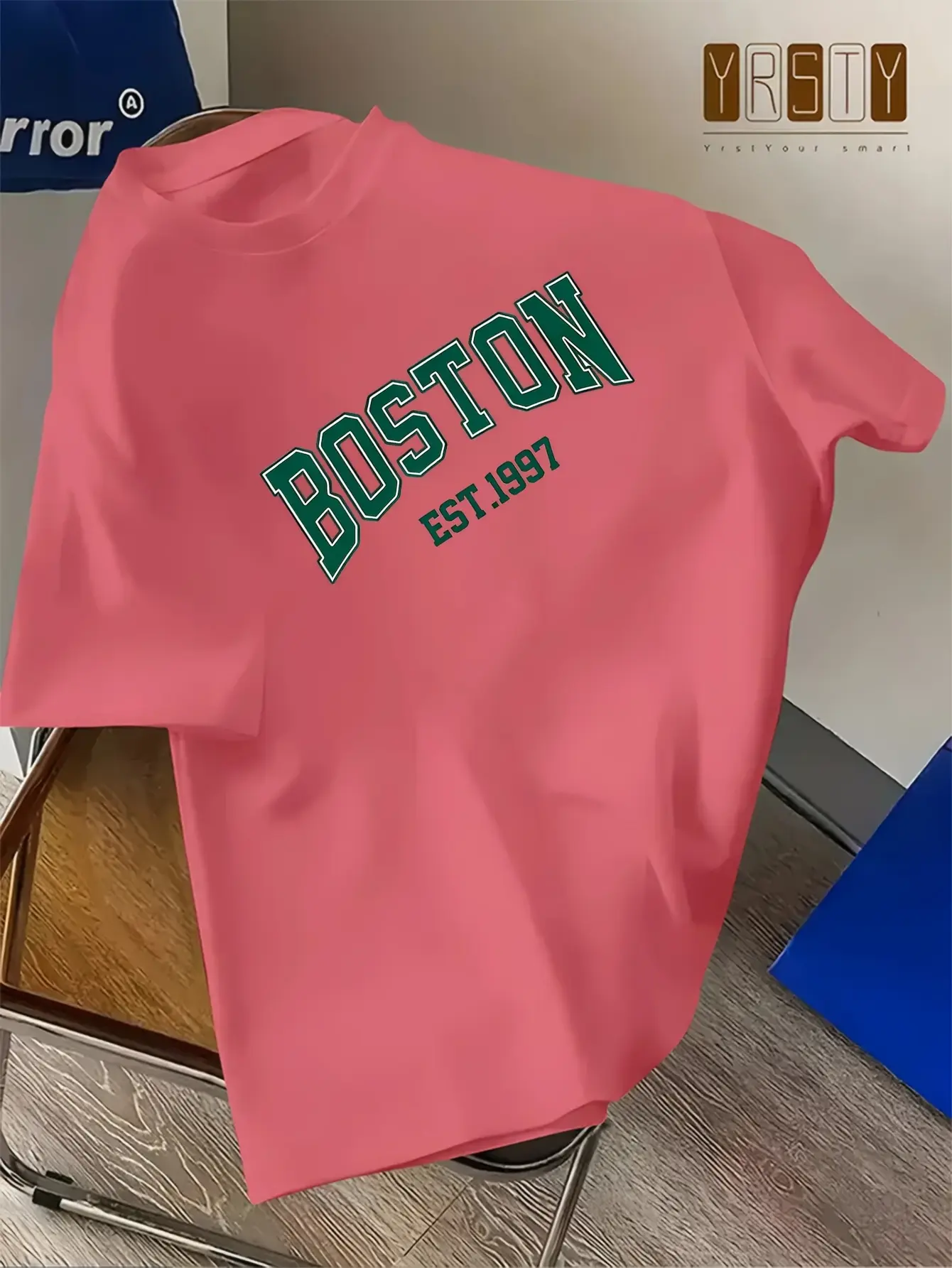 Men's summer 100% pure cotton fashionable casual sports loose Boston letter pattern print round neck short sleeved T-shirt top