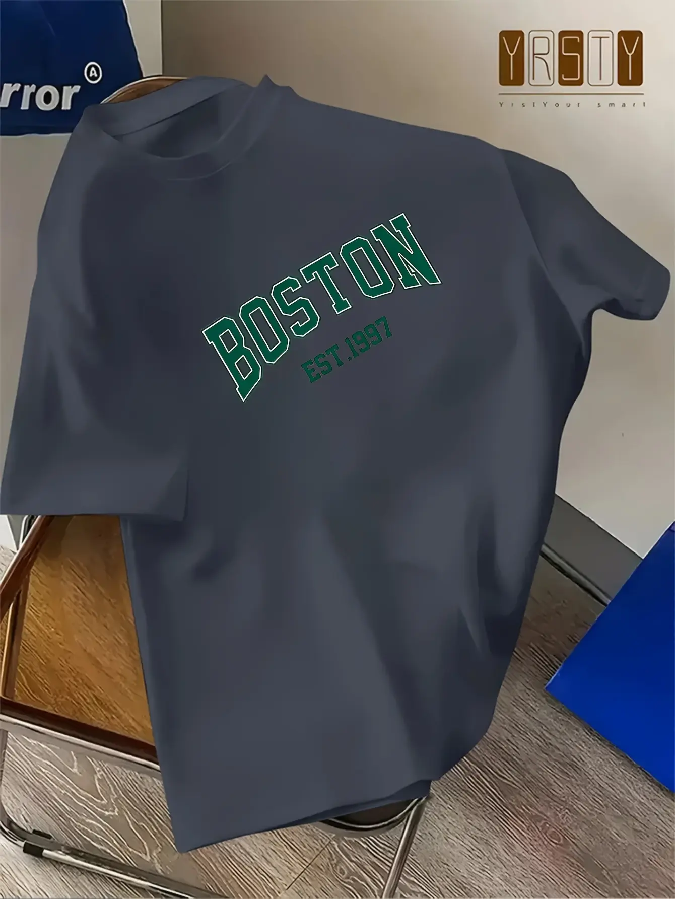 Men's summer 100% pure cotton fashionable casual sports loose Boston letter pattern print round neck short sleeved T-shirt top