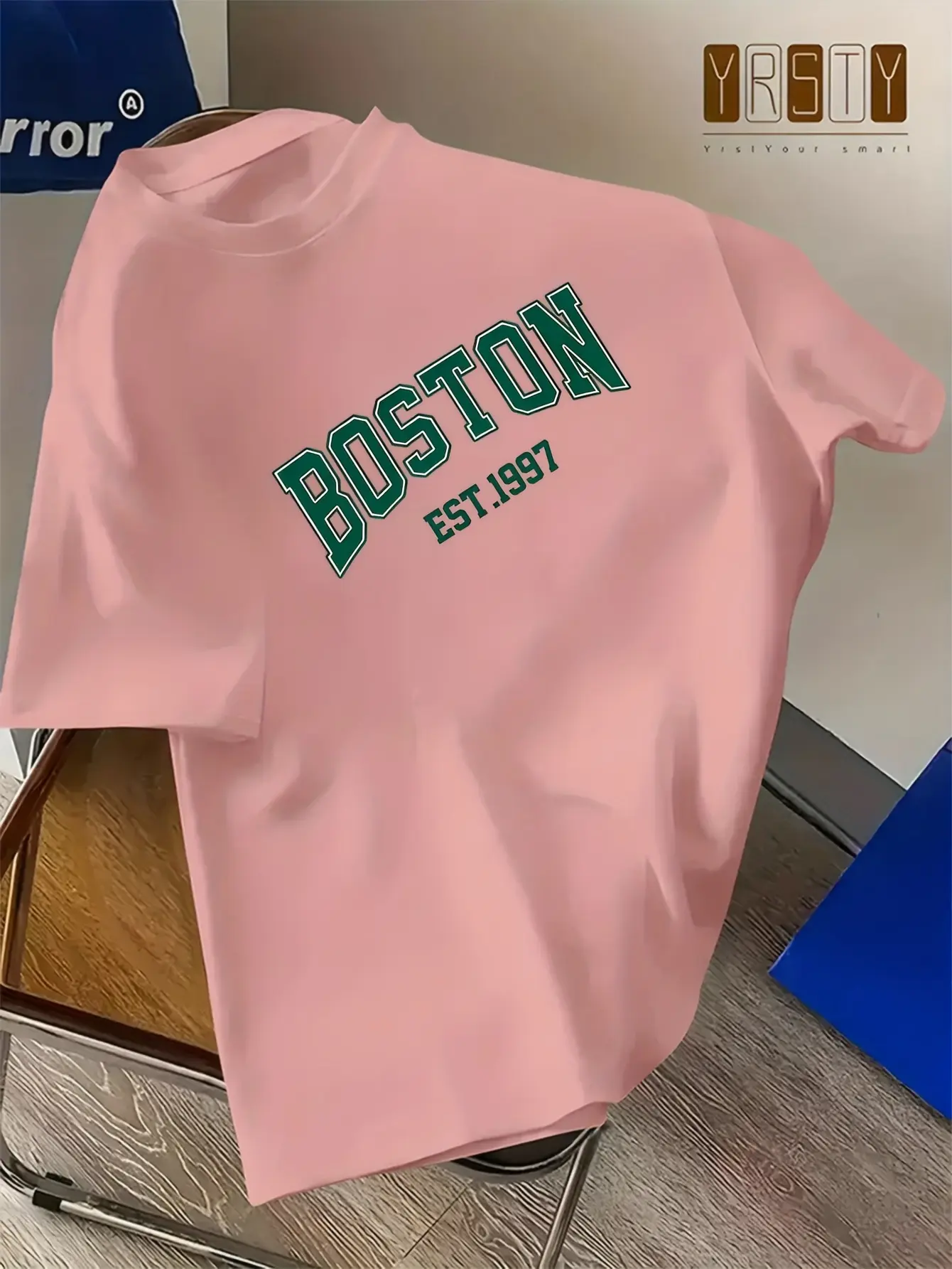 Men's summer 100% pure cotton fashionable casual sports loose Boston letter pattern print round neck short sleeved T-shirt top