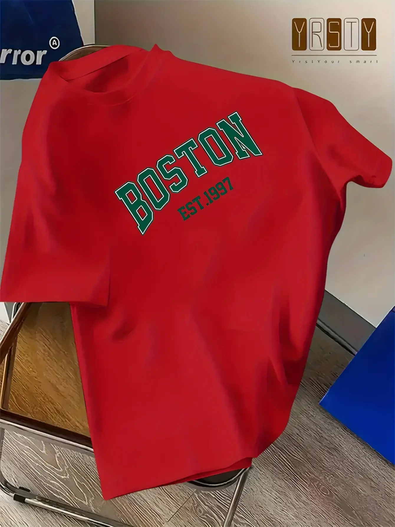 Men's summer 100% pure cotton fashionable casual sports loose Boston letter pattern print round neck short sleeved T-shirt top