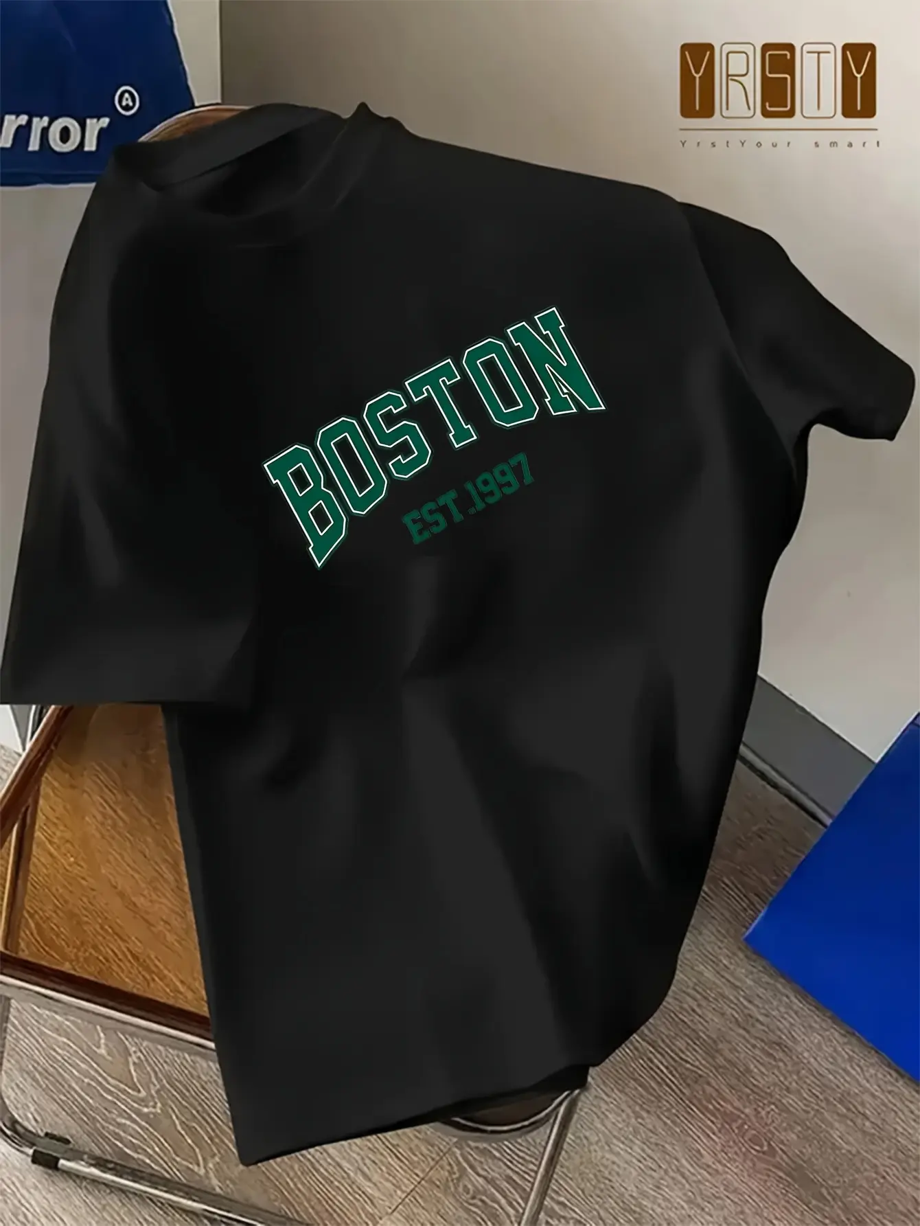 Men's summer 100% pure cotton fashionable casual sports loose Boston letter pattern print round neck short sleeved T-shirt top