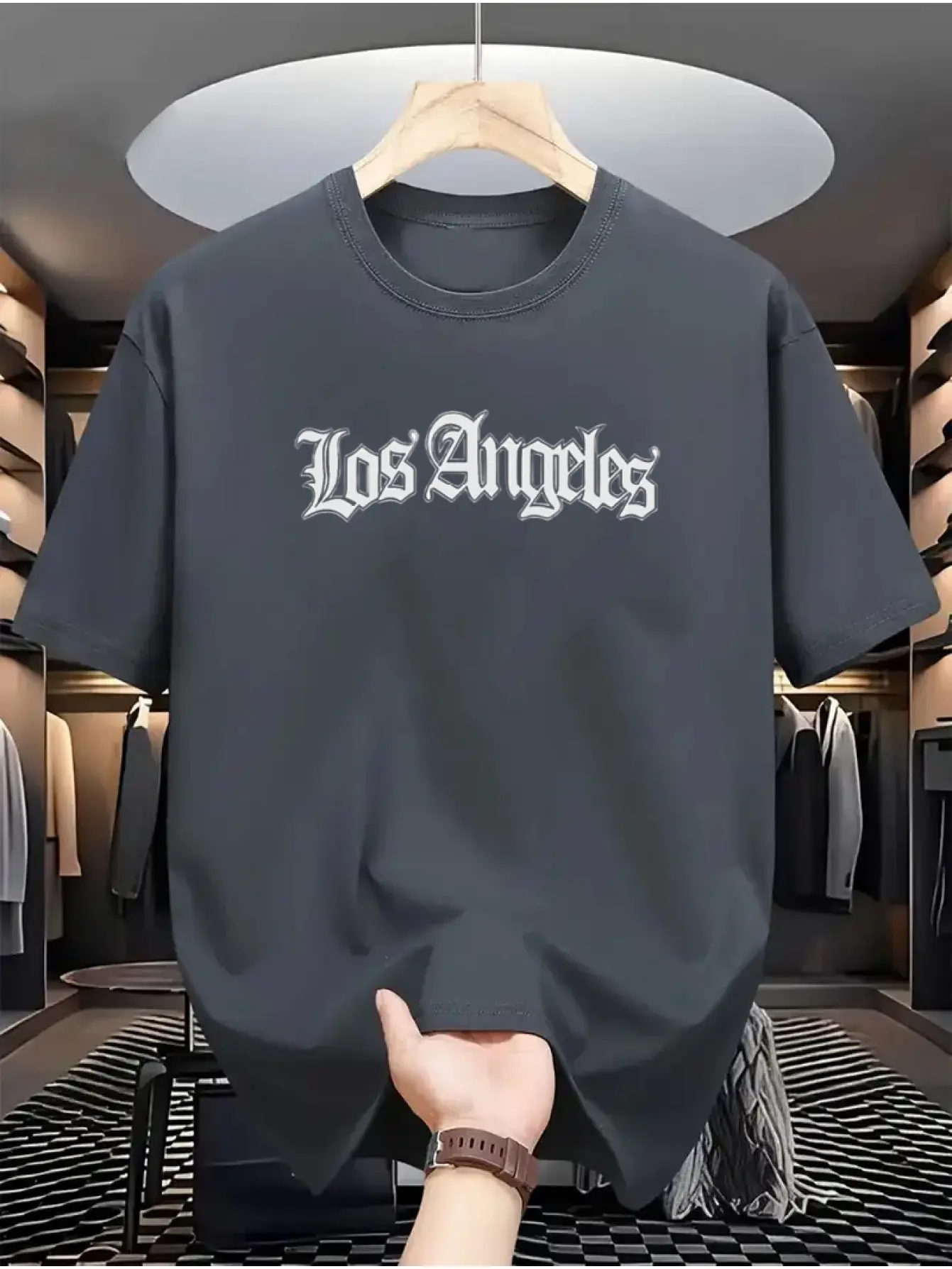 Men's summer 100% cotton fashionable casual loose sports Los Angeles letter pattern printed round neck short sleeved T-shirt top