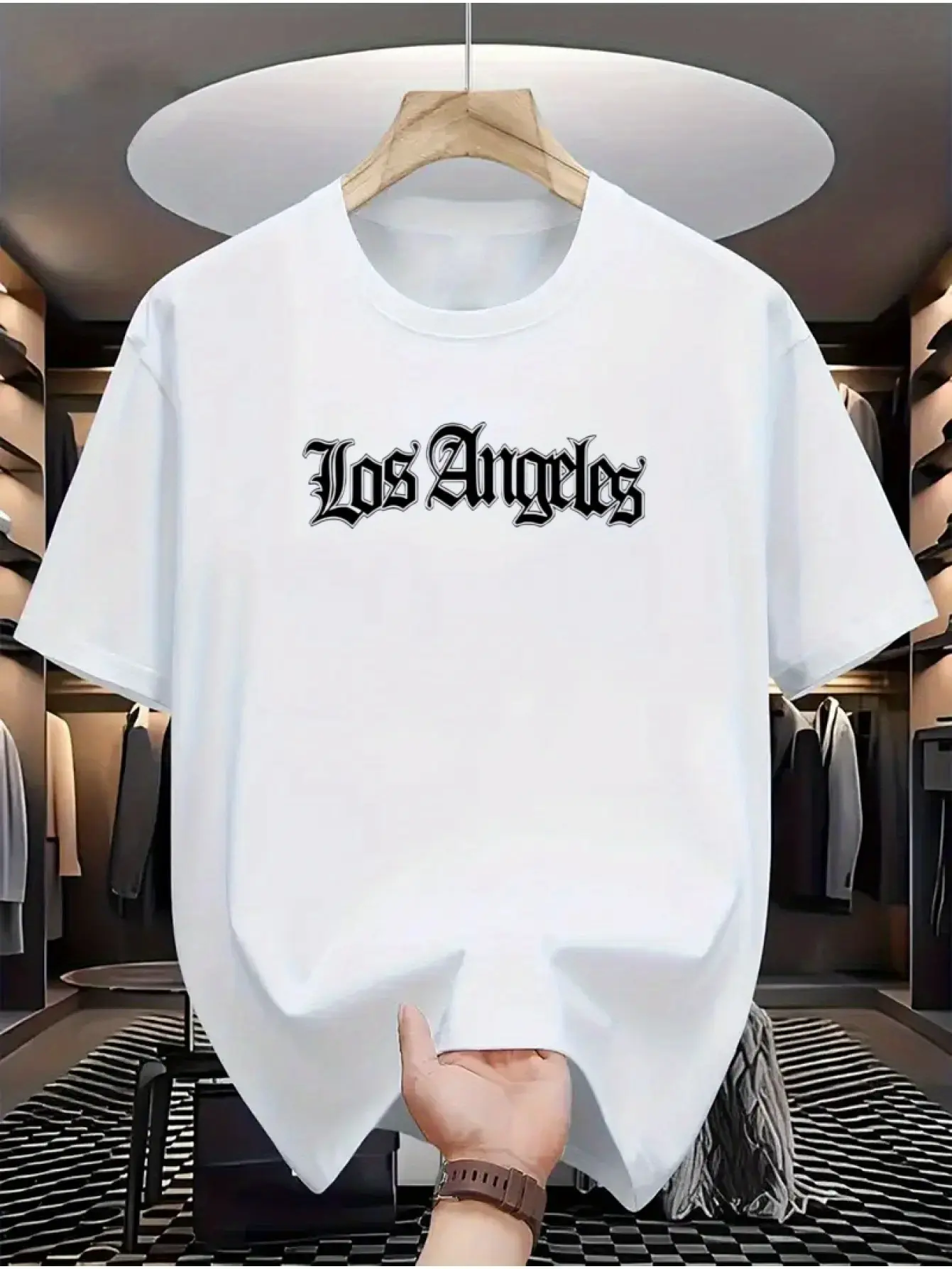 Men's summer 100% cotton fashionable casual loose sports Los Angeles letter pattern printed round neck short sleeved T-shirt top