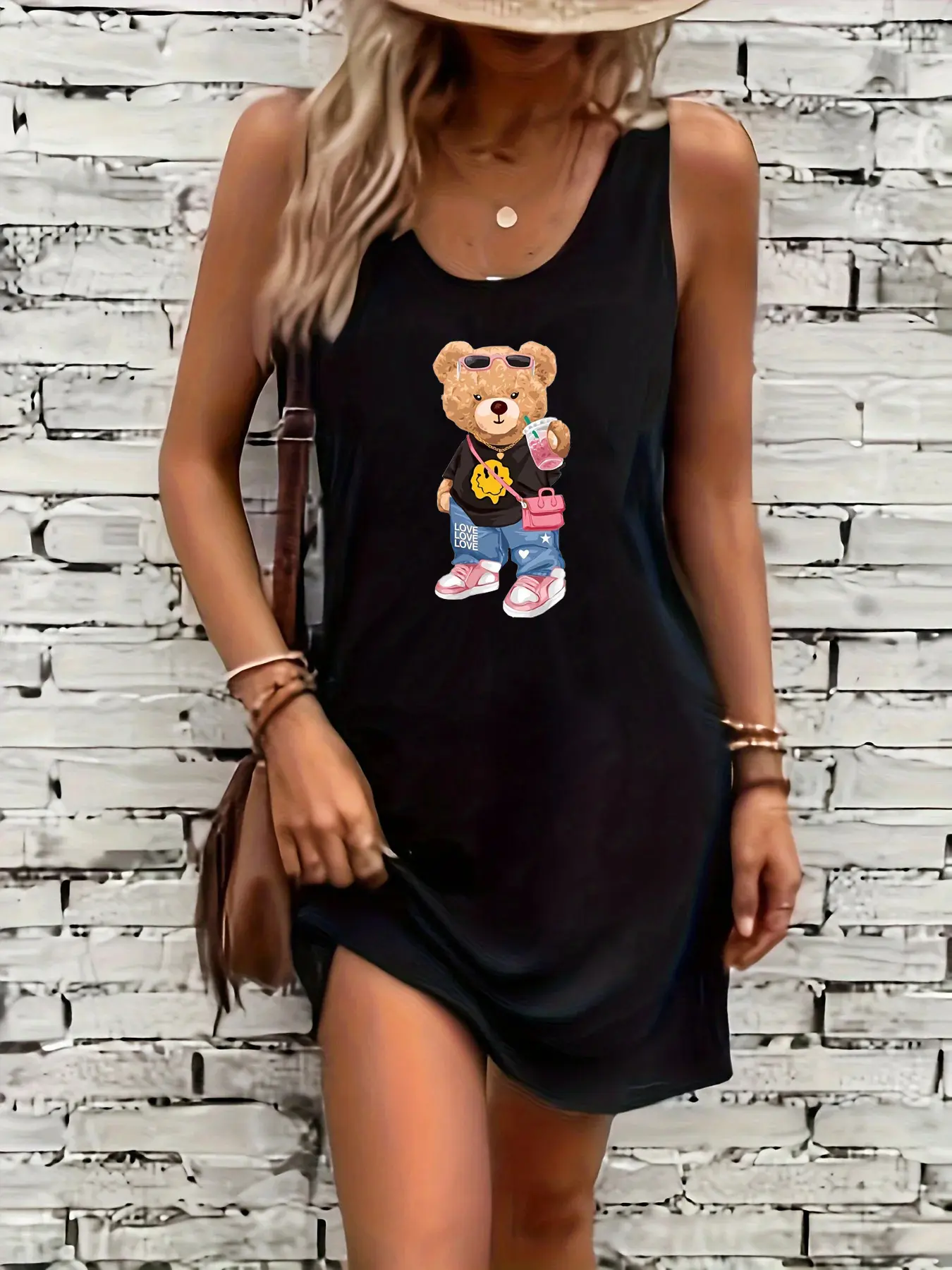 Women's summer loose, comfortable, casual, fashionable cartoon bear pattern printed black sleeveless vest dress punk style dress