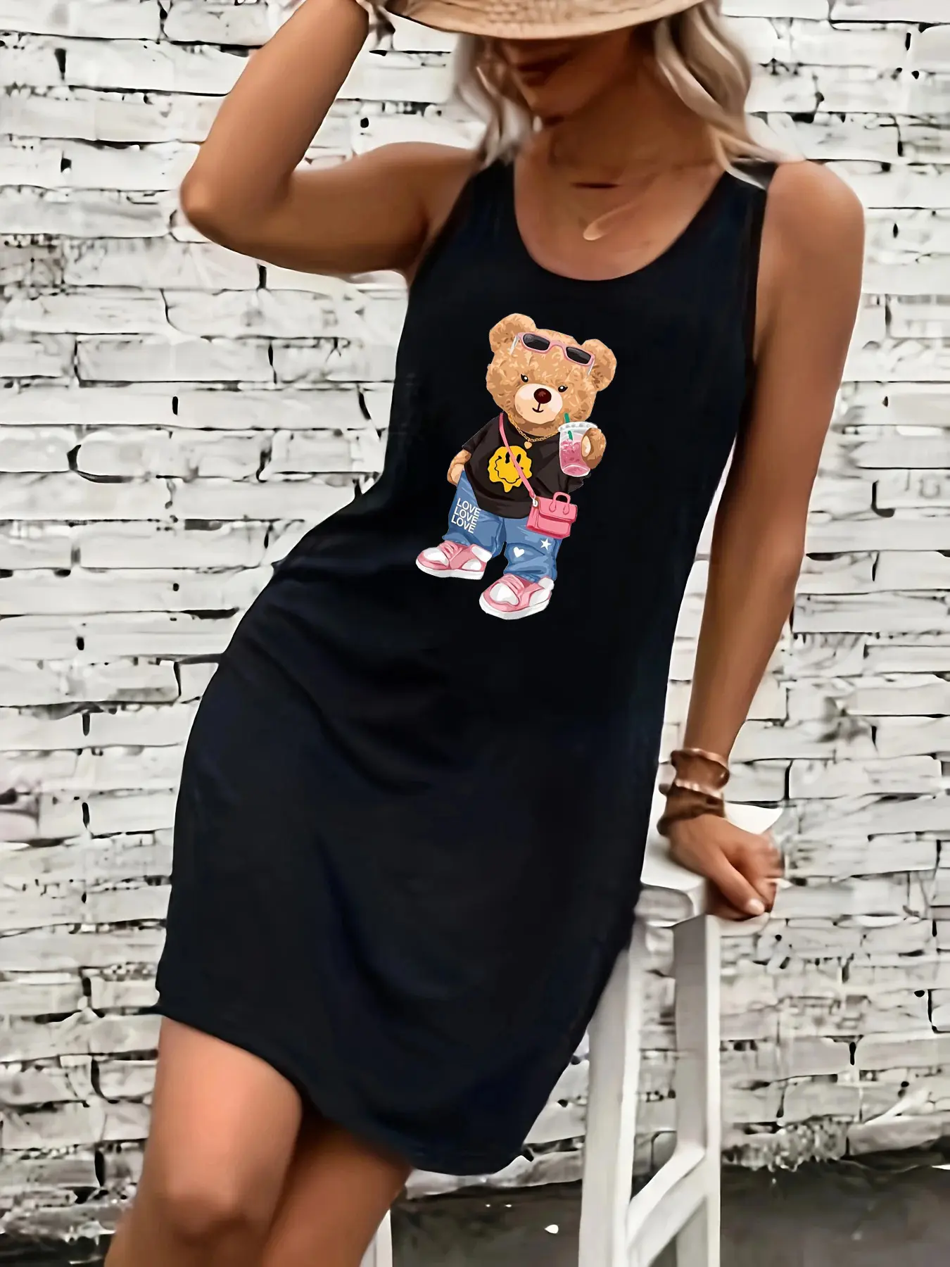 Women's summer loose, comfortable, casual, fashionable cartoon bear pattern printed black sleeveless vest dress punk style dress