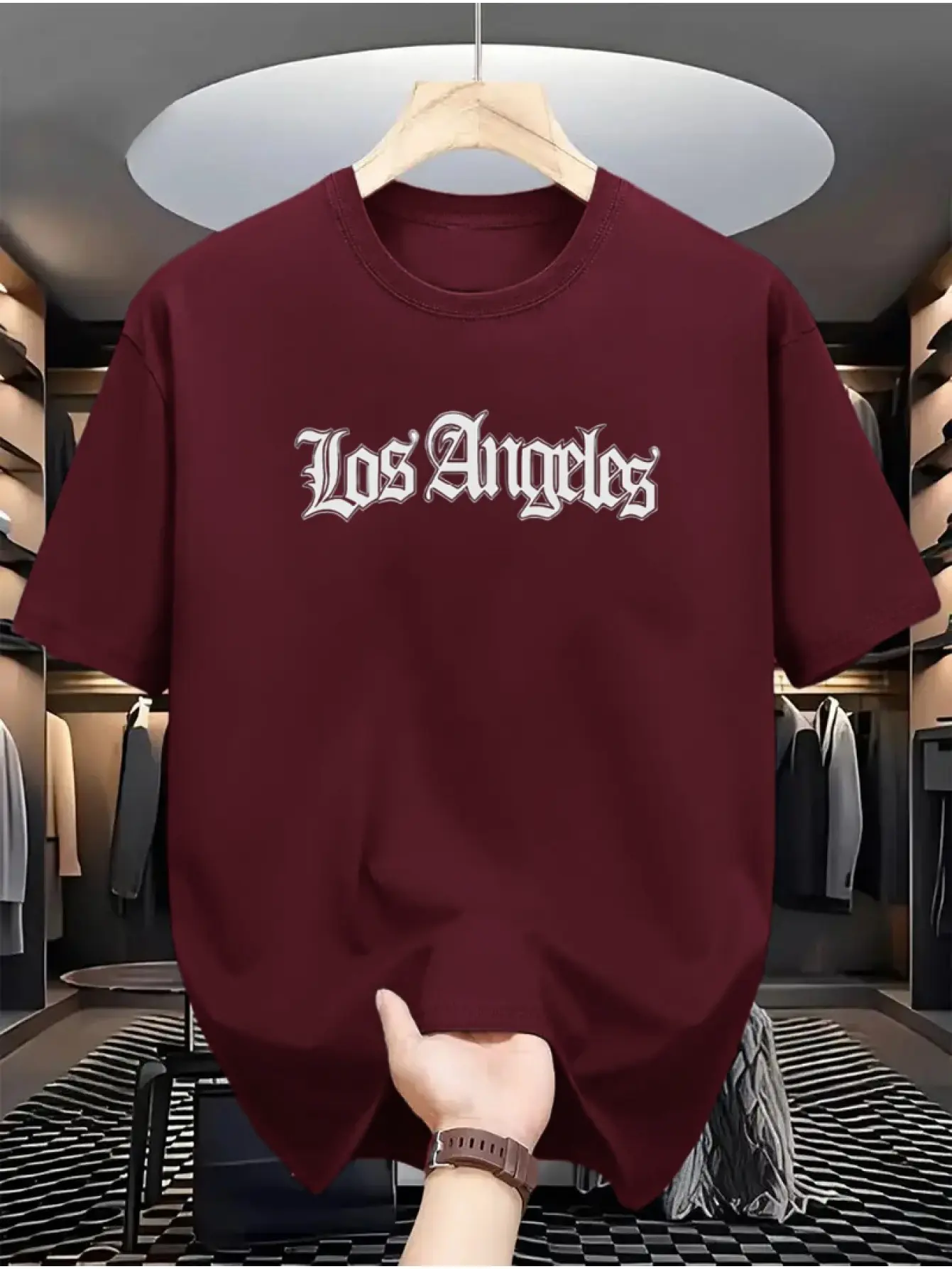 Men's summer 100% cotton fashionable casual loose sports Los Angeles letter pattern printed round neck short sleeved T-shirt top