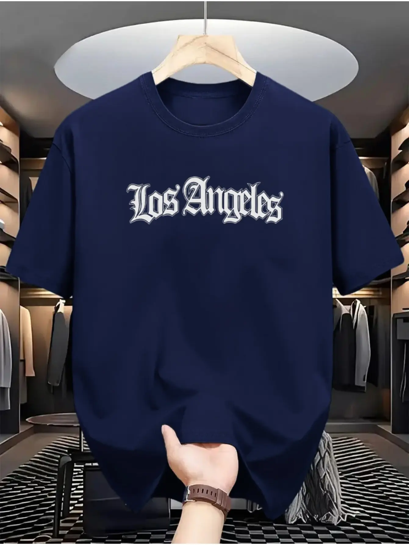 Men's summer 100% cotton fashionable casual loose sports Los Angeles letter pattern printed round neck short sleeved T-shirt top