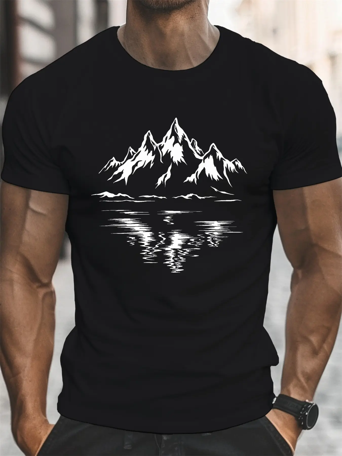 Men's Summer 100 Cotton Fashionable Casual Loose Large Geometric Mountain Pattern Printed Sports Round Neck Short Sleeve T-shirt