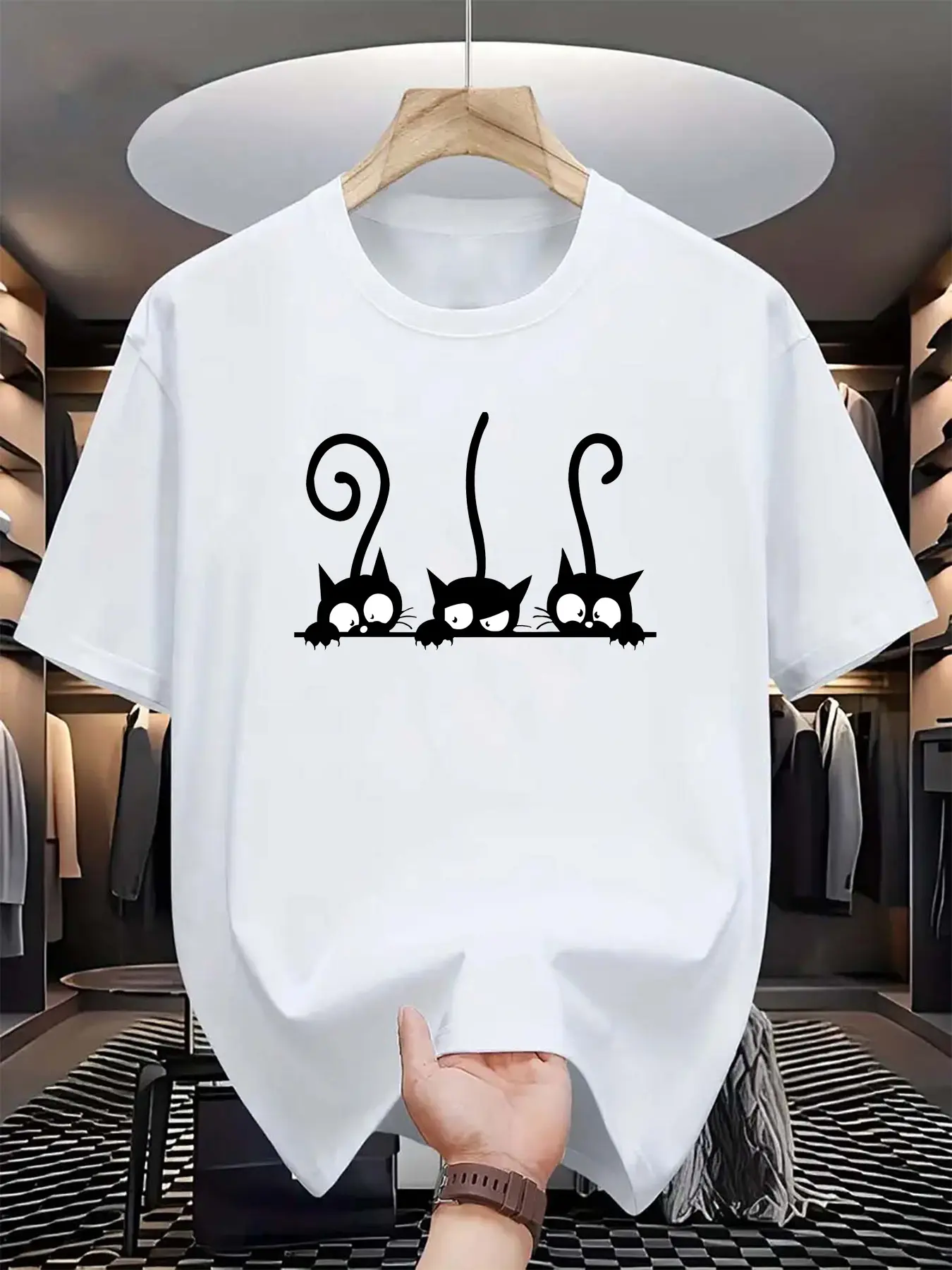 Men's summer 100% cotton fashionable casual sports loose personality cat pattern printed round neck short sleeved T-shirt top