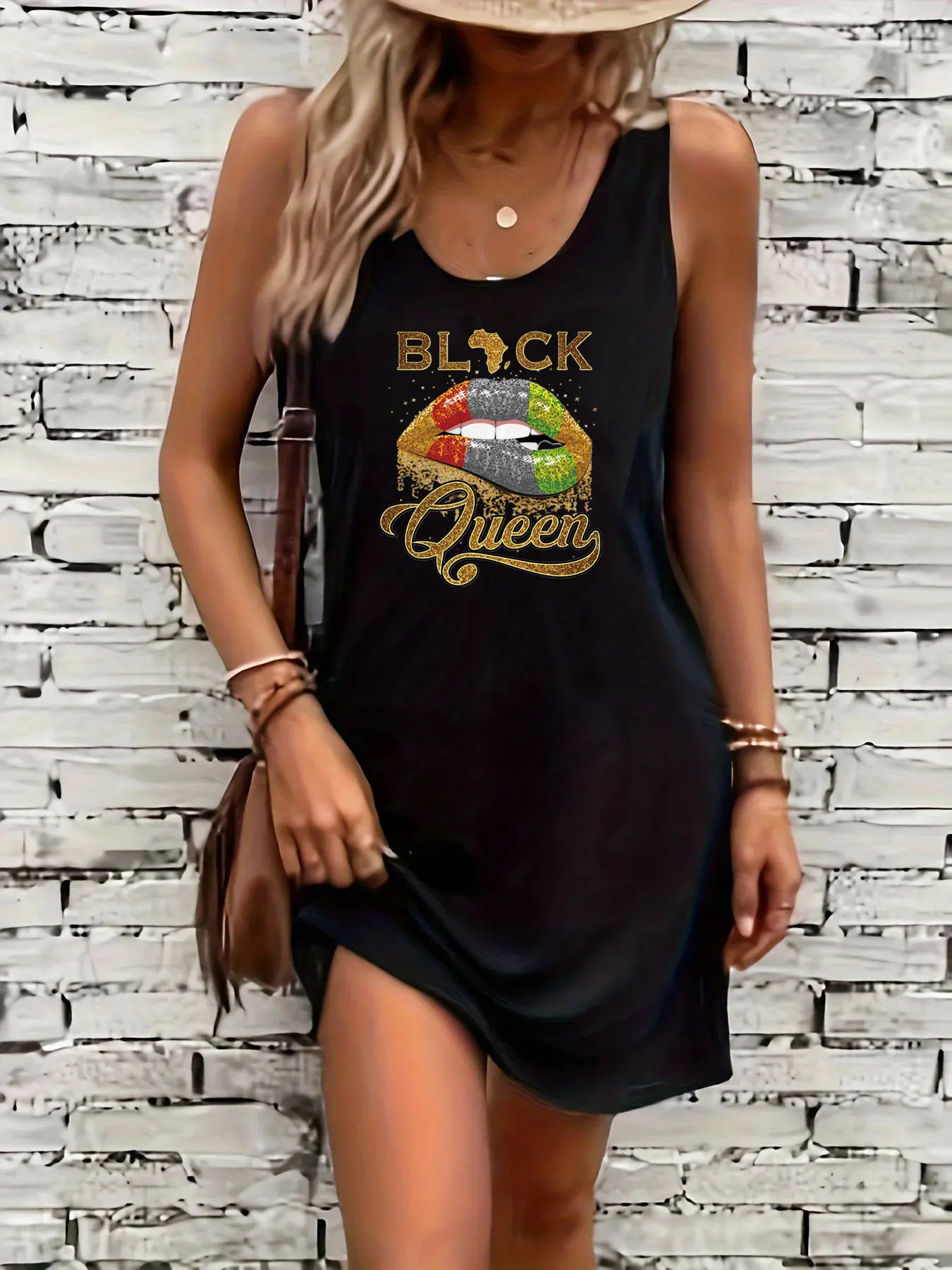 Women's summer loose and comfortable casual KISS leopard print lip print print black sleeveless vest skirt punk style dress