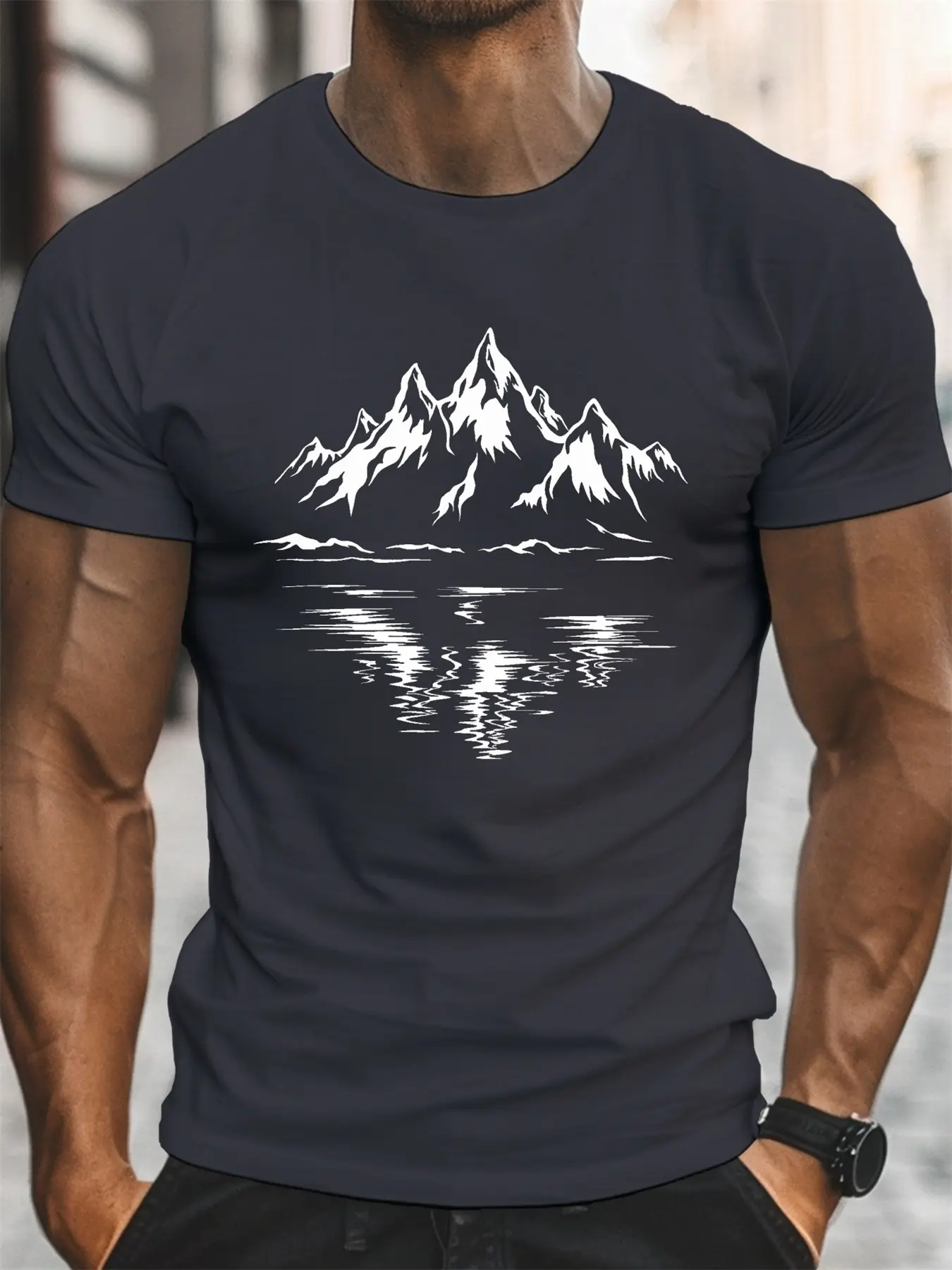 Men's Summer 100 Cotton Fashionable Casual Loose Large Geometric Mountain Pattern Printed Sports Round Neck Short Sleeve T-shirt