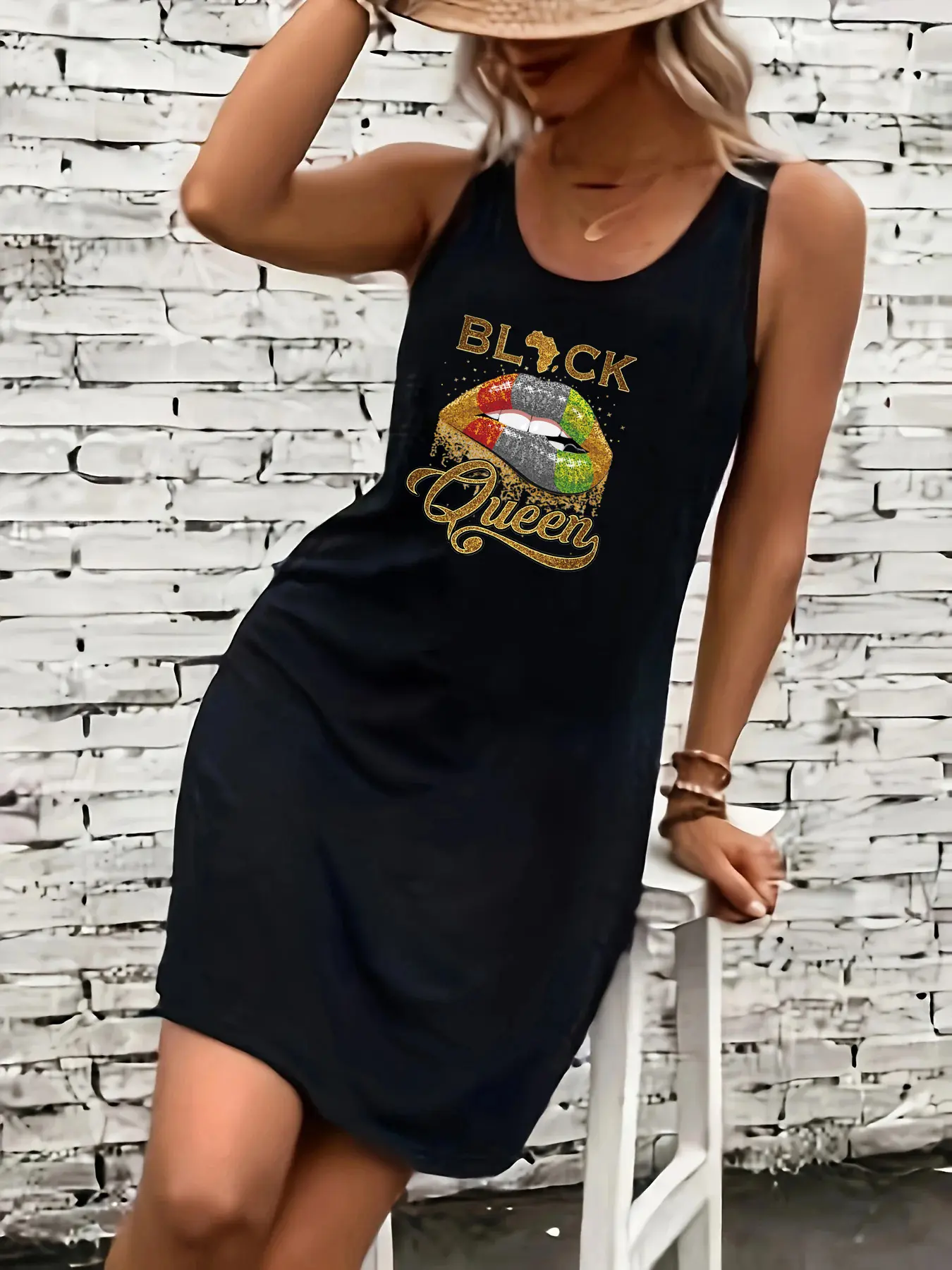 Women's summer loose and comfortable casual KISS leopard print lip print print black sleeveless vest skirt punk style dress