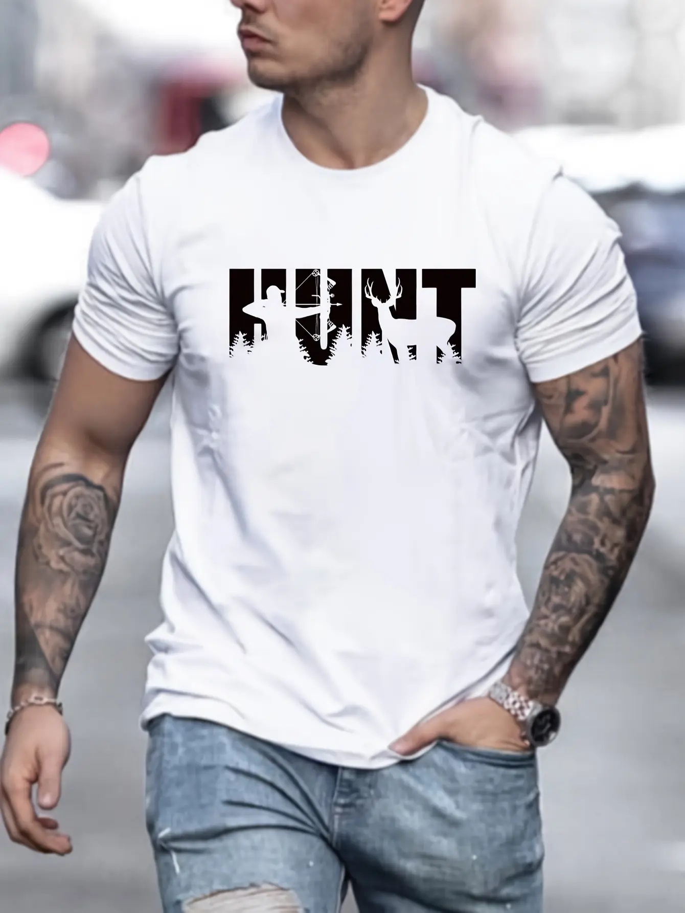 Men's summer 100% pure cotton fashionable casual loose hunter hunting pattern printed round neck short sleeved T-shirt top