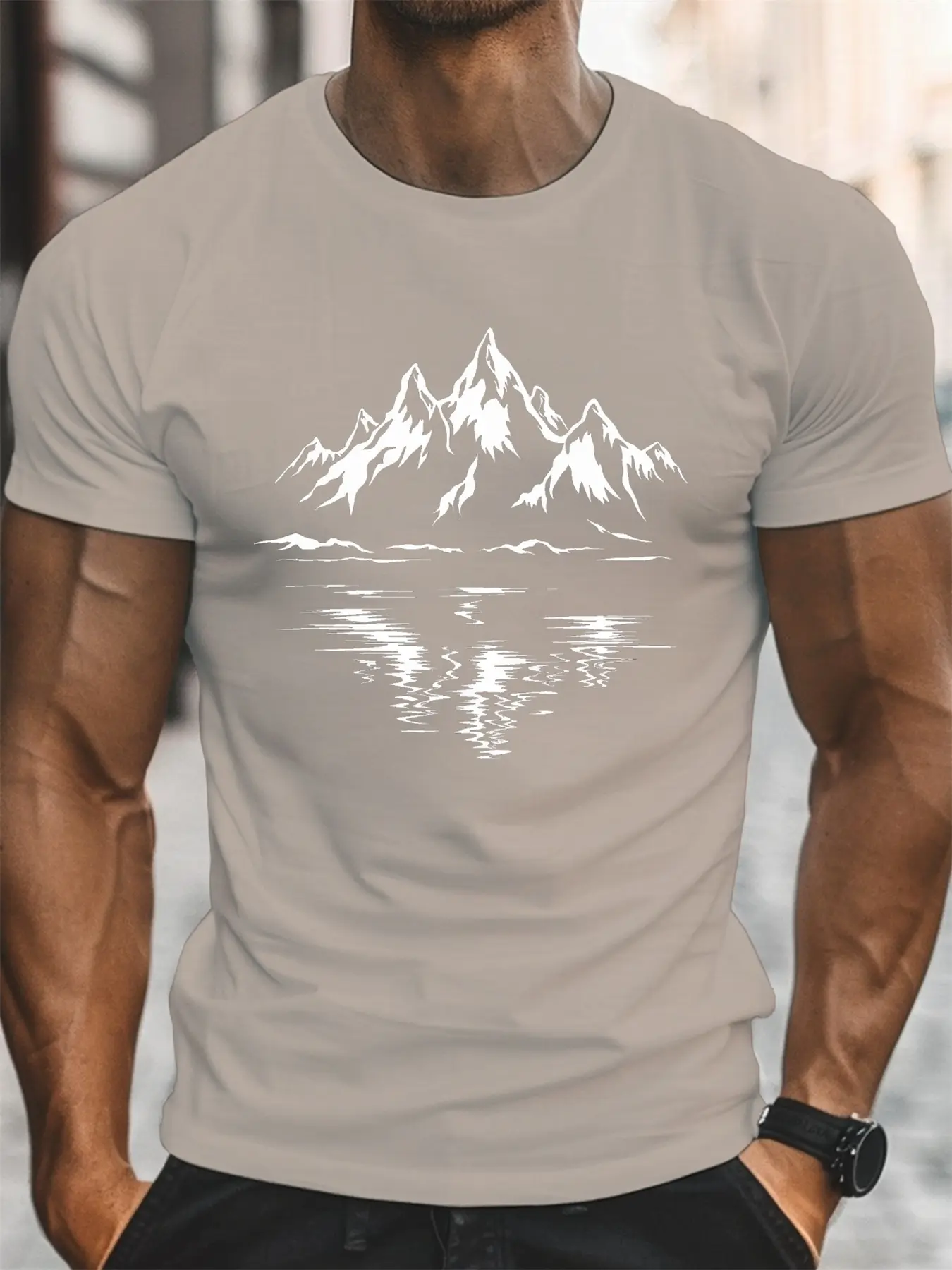 Men's Summer 100 Cotton Fashionable Casual Loose Large Geometric Mountain Pattern Printed Sports Round Neck Short Sleeve T-shirt