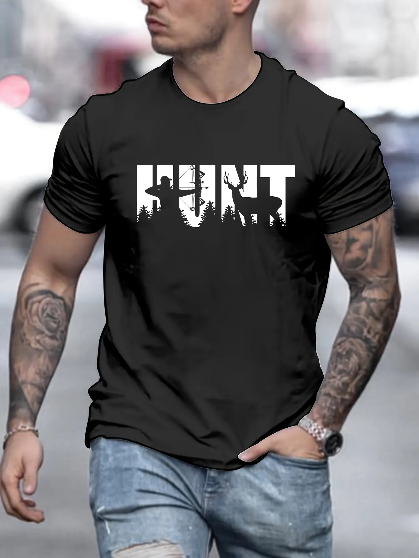 Men's summer 100% pure cotton fashionable casual loose hunter hunting pattern printed round neck short sleeved T-shirt top