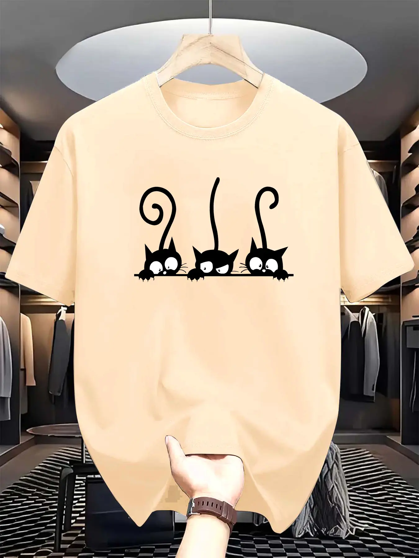 Men's summer 100% cotton fashionable casual sports loose personality cat pattern printed round neck short sleeved T-shirt top