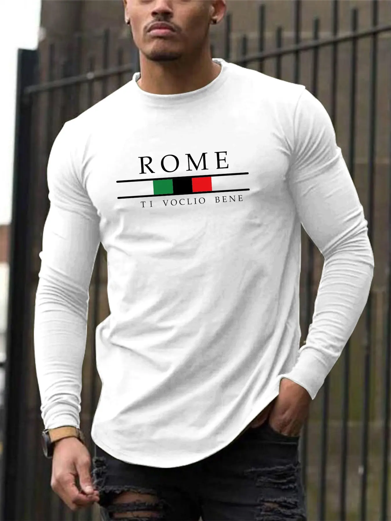 Men's 100% pure cotton loose fit plus size comfortable casual sports ROME letter printed round neck long sleeved T-shirt top