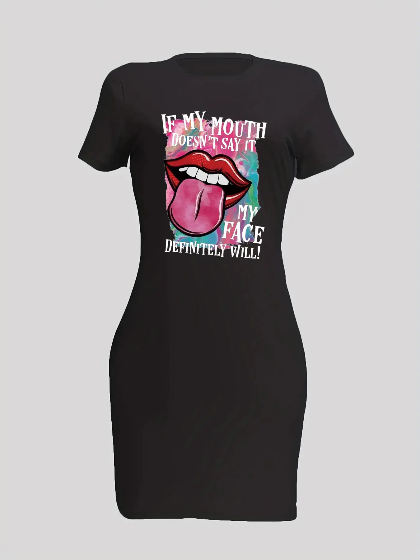 Summer women's tongue T-shaped red lip letter pattern print casual slim fit sexy round neck short sleeved skirt mini skirt
