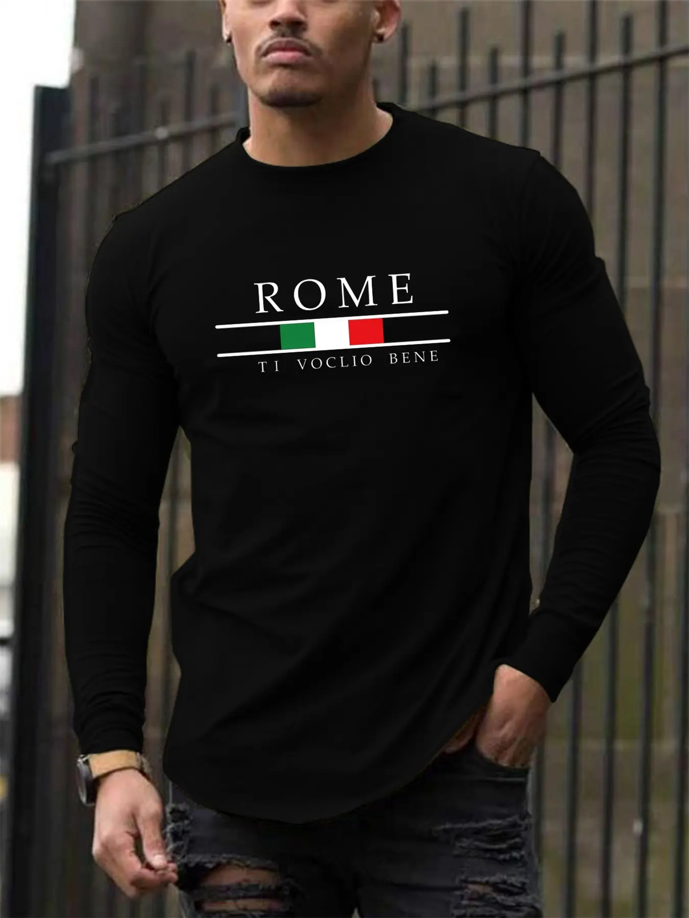 Men's 100% pure cotton loose fit plus size comfortable casual sports ROME letter printed round neck long sleeved T-shirt top