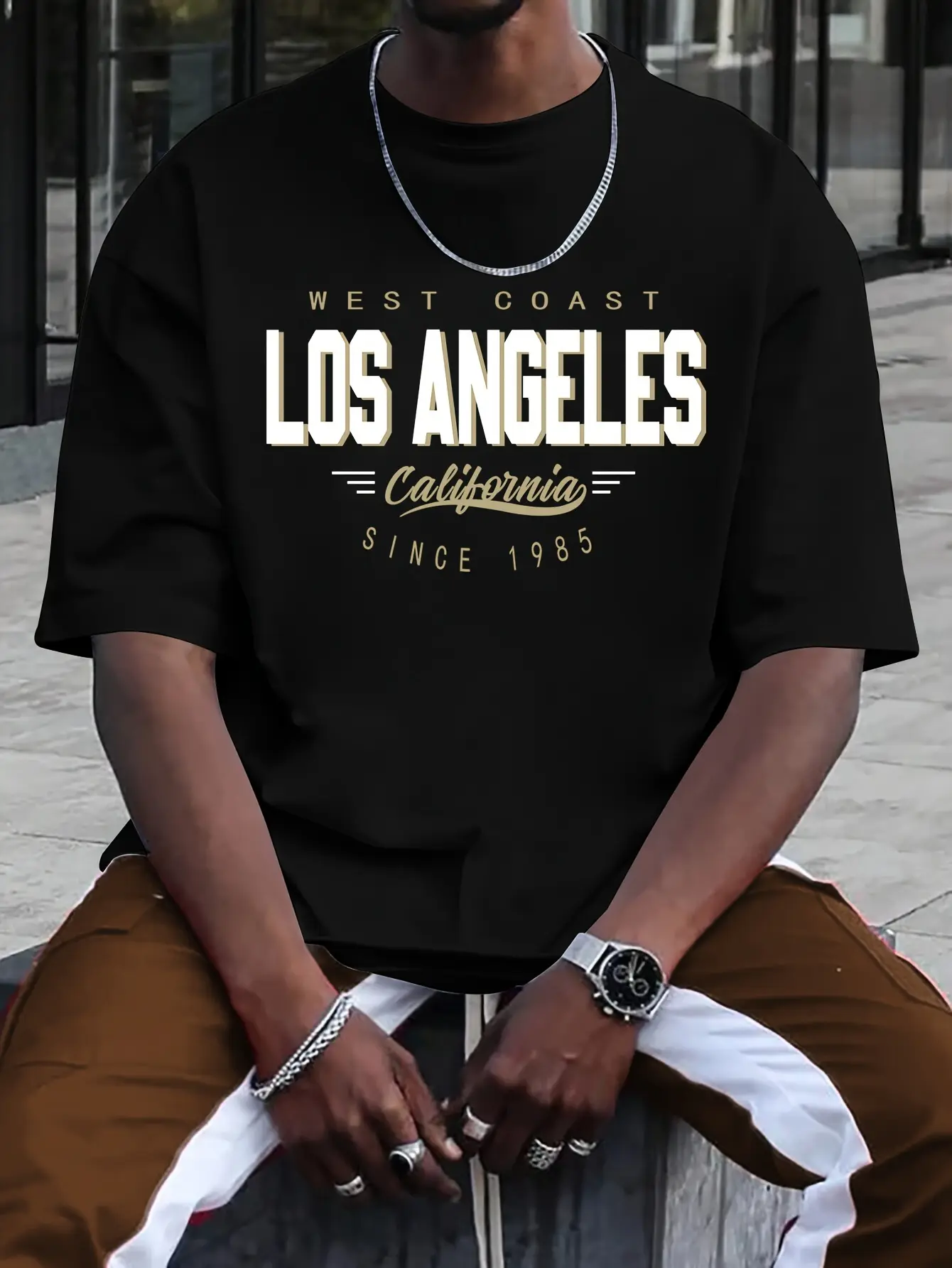 Summer men's 100% cotton comfortable casual loose plus size LOS ANGELES printed sports round neck short sleeved T-shirt top