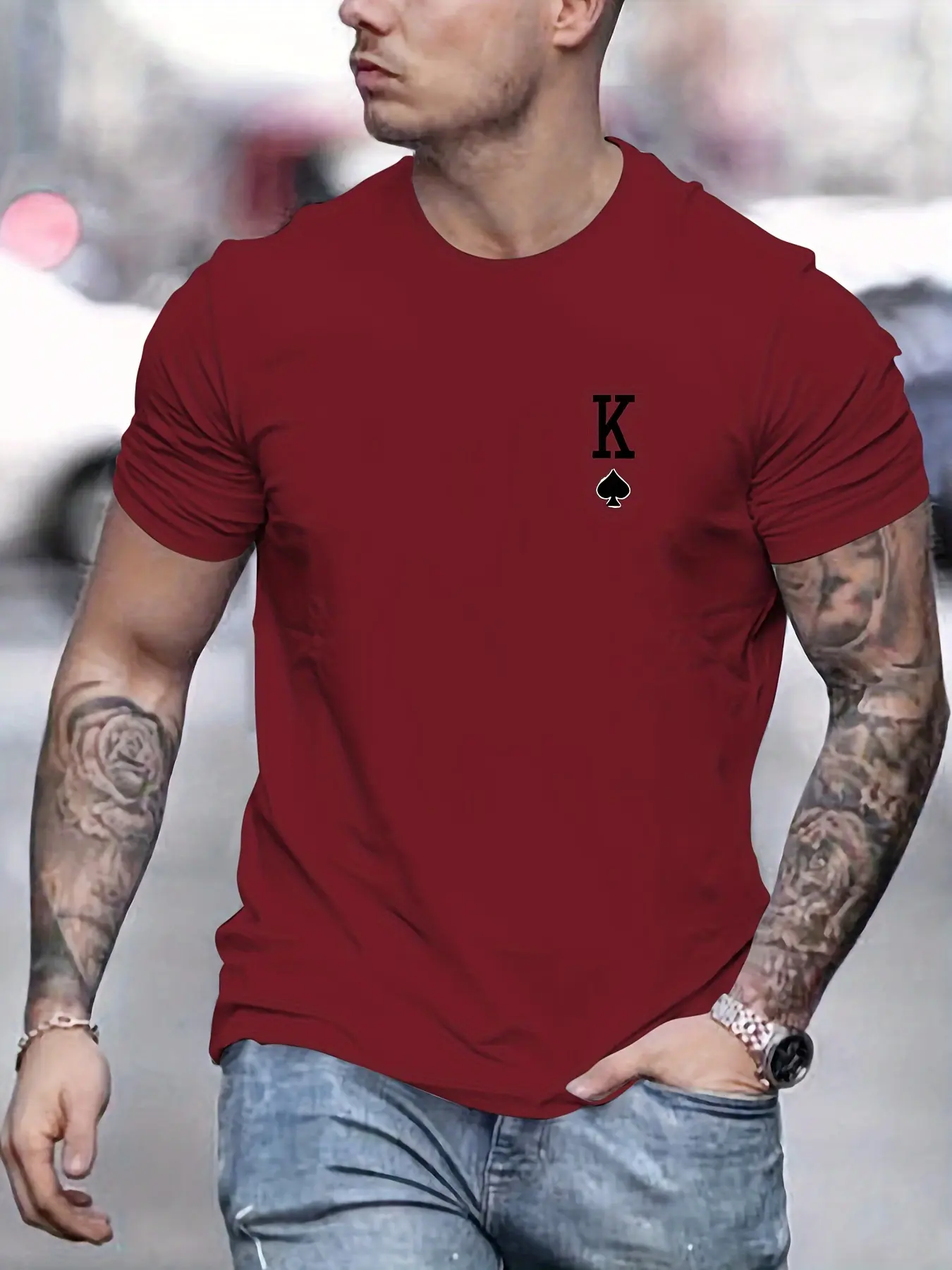 Men's Summer 100% Cotton Fashionable Casual Loose Large Spade K Pattern Printed Sports Round Neck Short Sleeve T-shirt Top