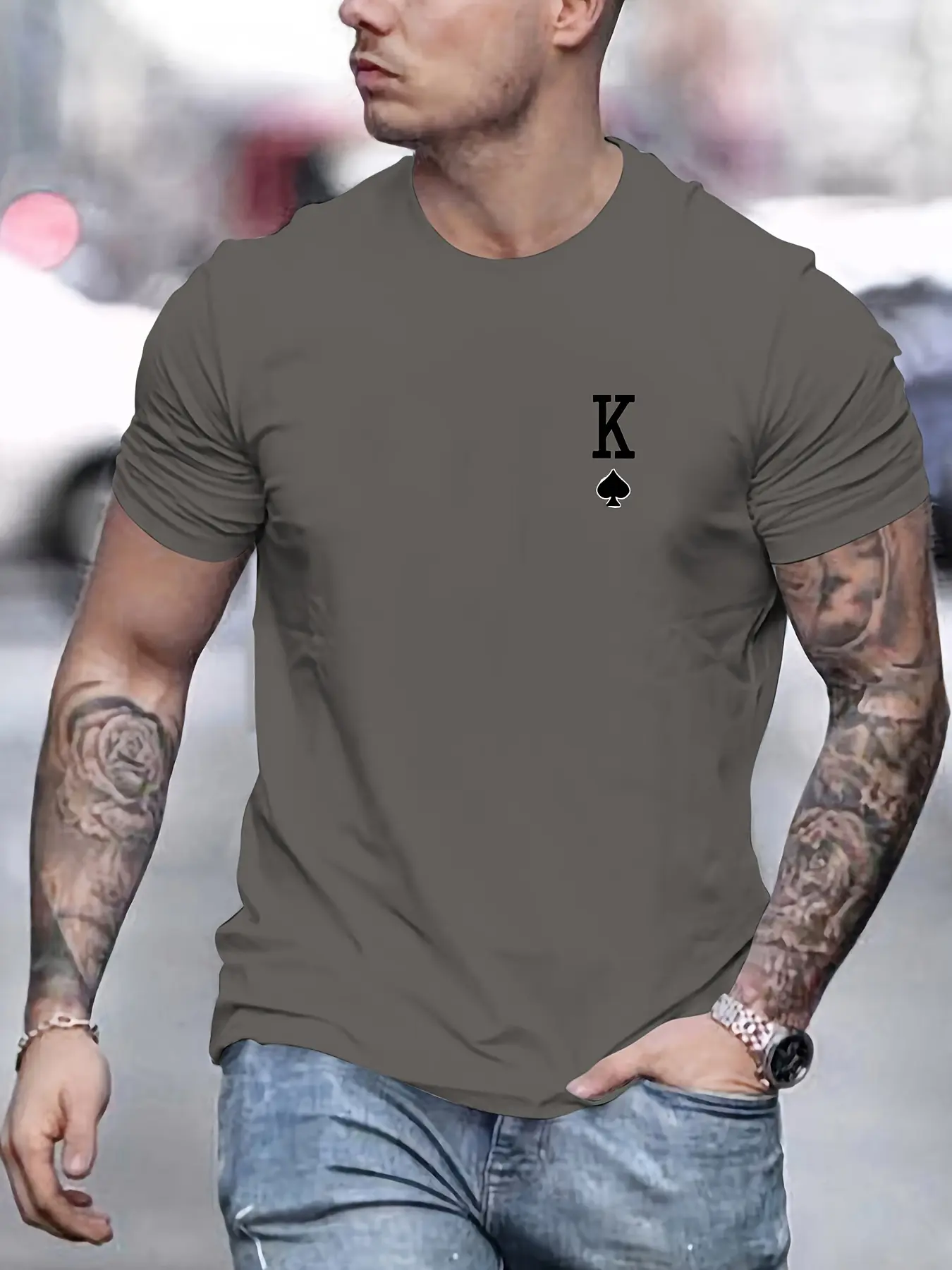 Men's Summer 100% Cotton Fashionable Casual Loose Large Spade K Pattern Printed Sports Round Neck Short Sleeve T-shirt Top