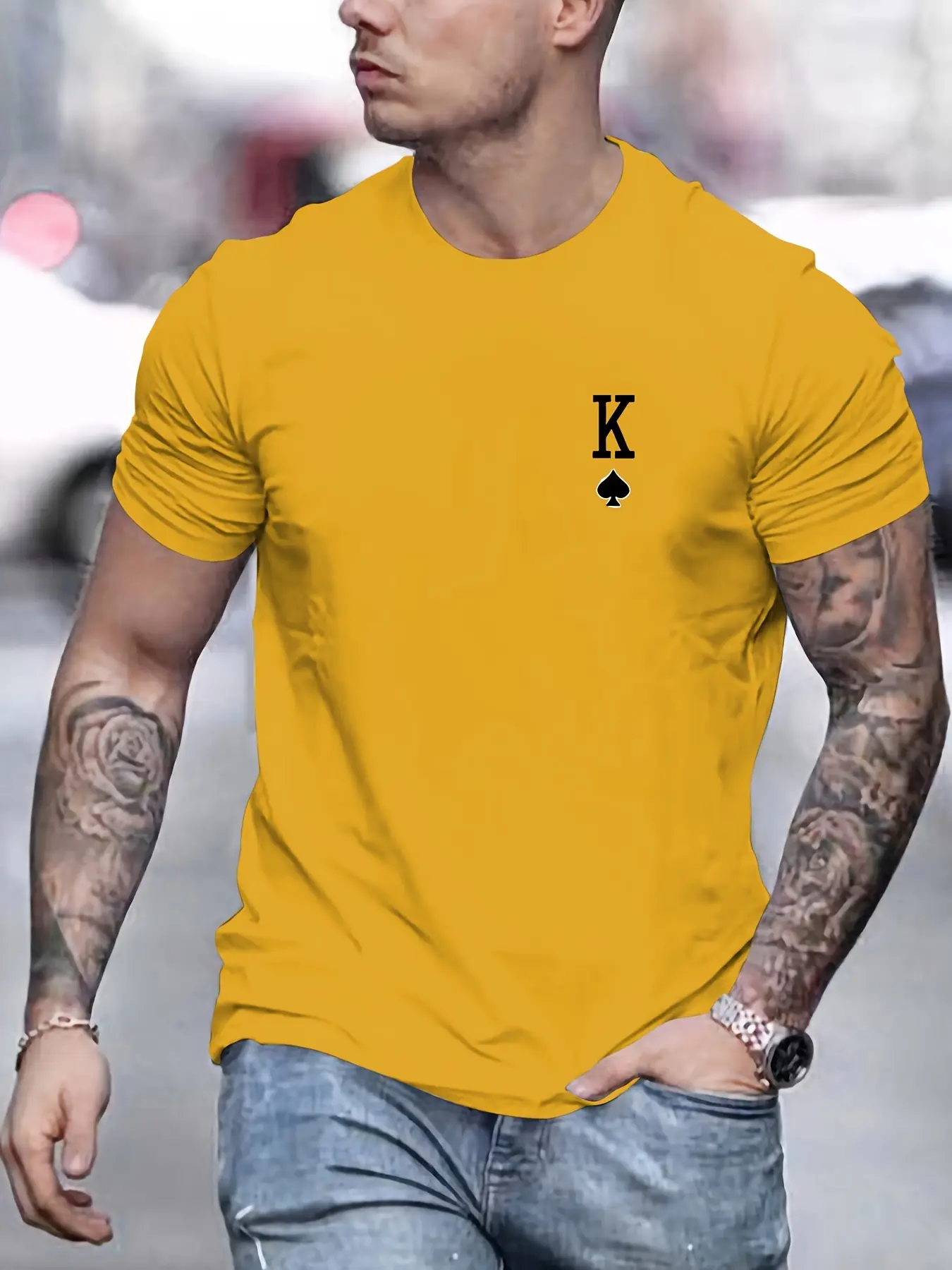 Men's Summer 100% Cotton Fashionable Casual Loose Large Spade K Pattern Printed Sports Round Neck Short Sleeve T-shirt Top