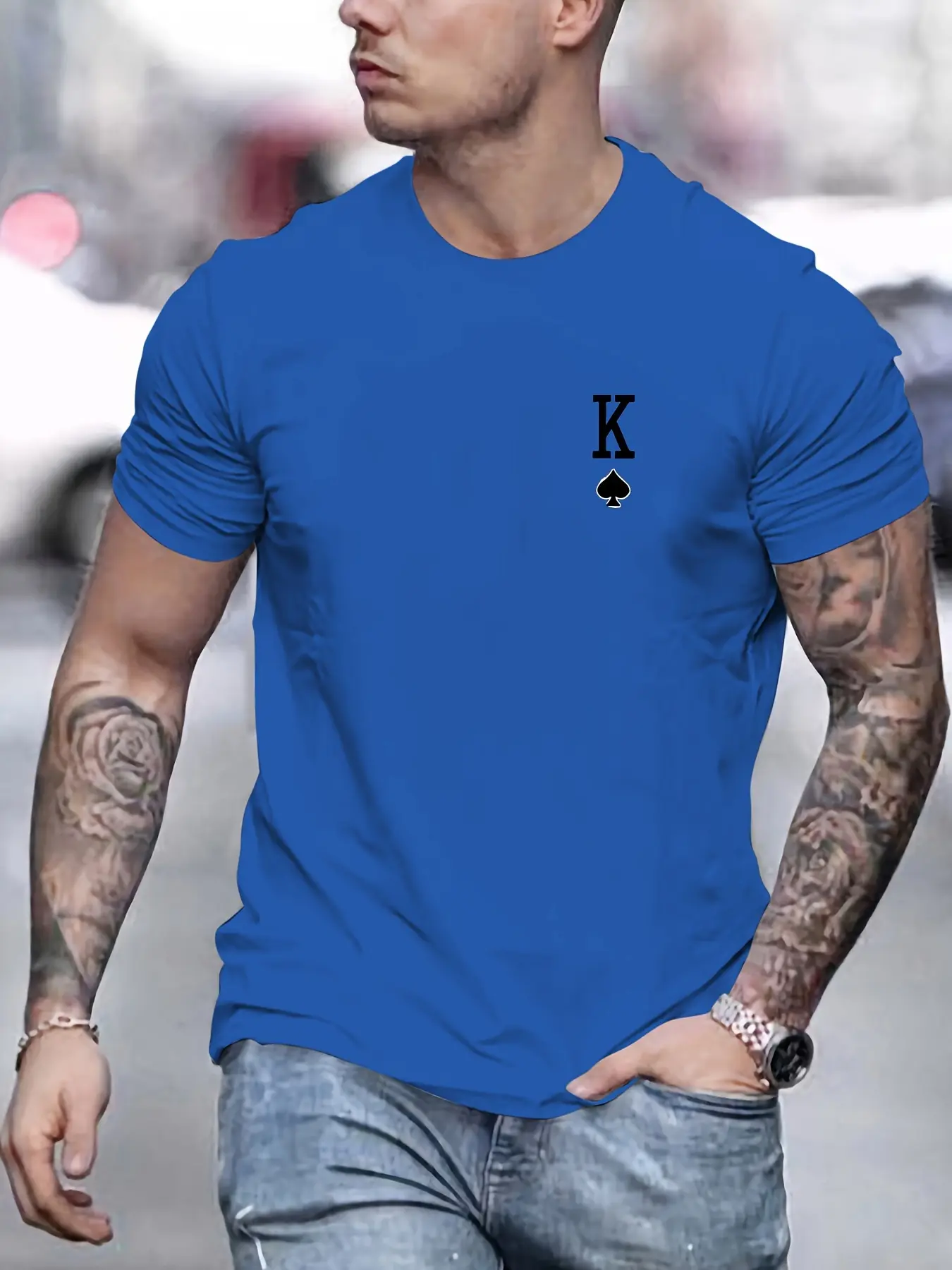 Men's Summer 100% Cotton Fashionable Casual Loose Large Spade K Pattern Printed Sports Round Neck Short Sleeve T-shirt Top