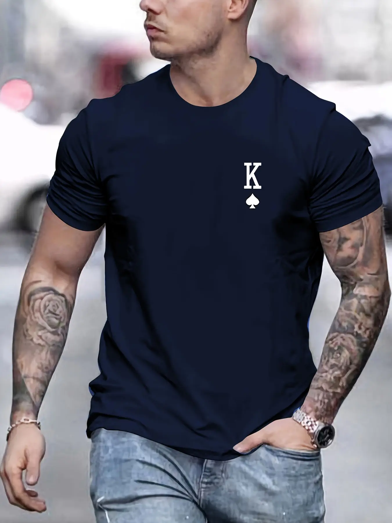 Men's Summer 100% Cotton Fashionable Casual Loose Large Spade K Pattern Printed Sports Round Neck Short Sleeve T-shirt Top