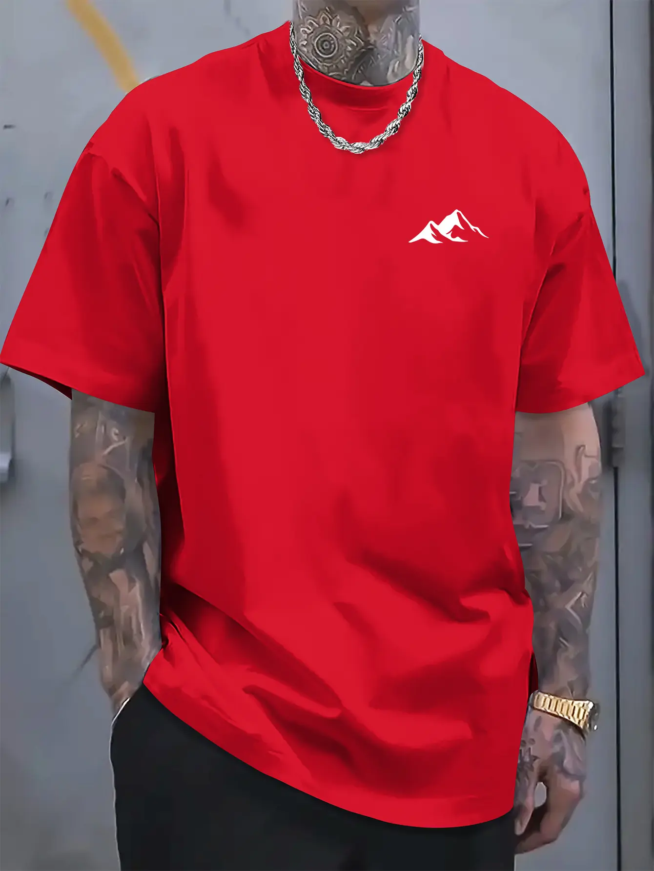 Men's summer 100% pure cotton fashionable casual loose mountain pattern printed sports round neck short sleeved T-shirt top