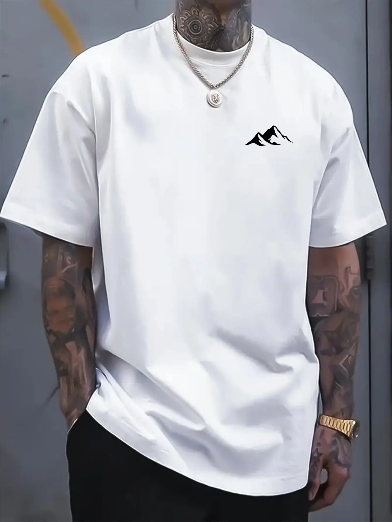 Men's summer 100% pure cotton fashionable casual loose mountain pattern printed sports round neck short sleeved T-shirt top