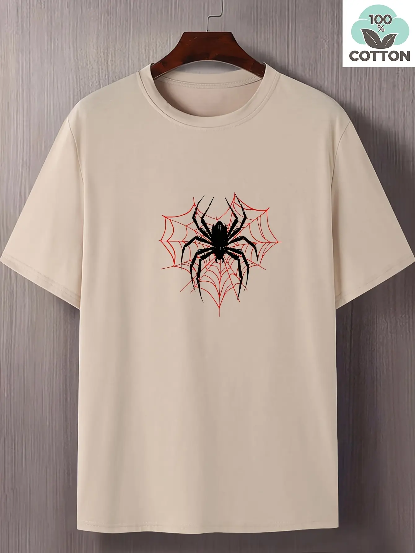 Men's summer 100% pure cotton fashionable casual loose spider web pattern printed round neck short sleeved T-shirt top