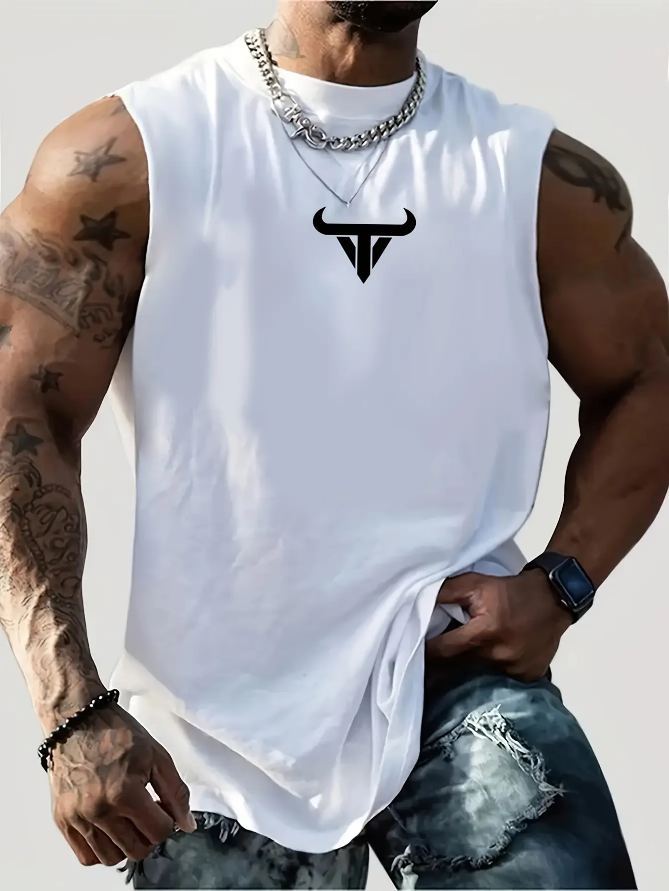 Men's summer fashion casual sports loose bull pattern print comfortable and breathable round neck sleeveless vest
