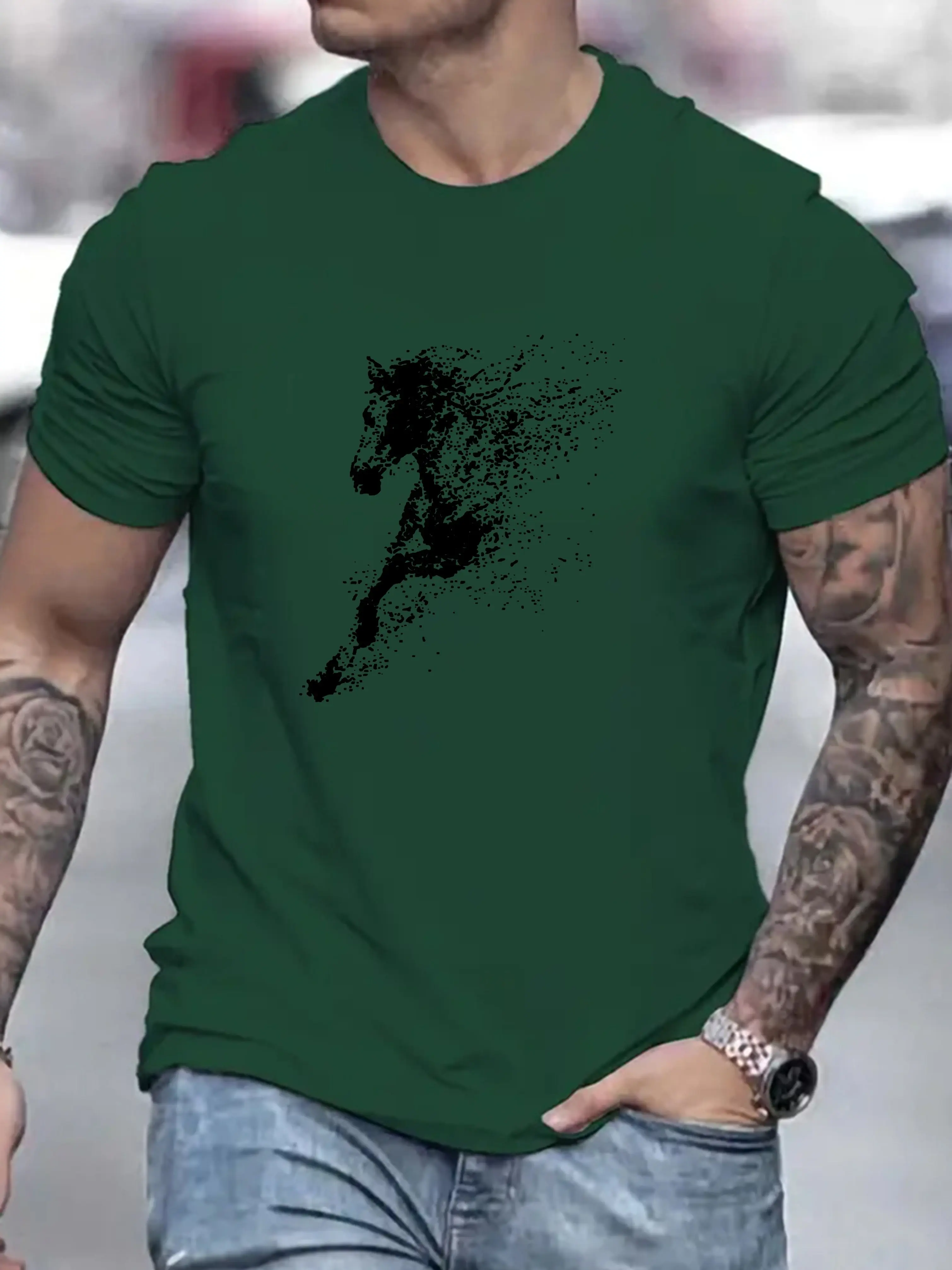 Men's Summer 100 Cotton Fashionable Casual Loose Large Black Horse Pattern Printed Round Neck Short Sleeve T-shirt Top