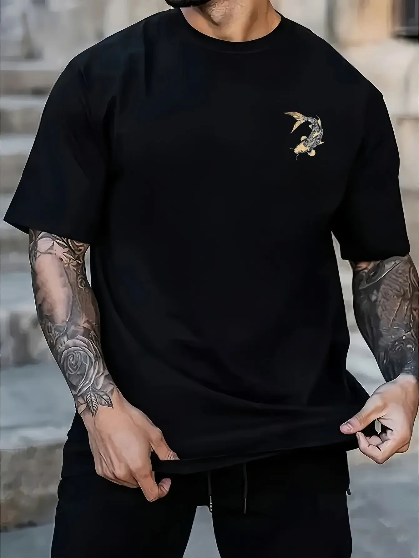 Men's summer 100% pure cotton fashionable casual sports loose Japanese goldfish pattern printed round neck short sleeved T-shirt
