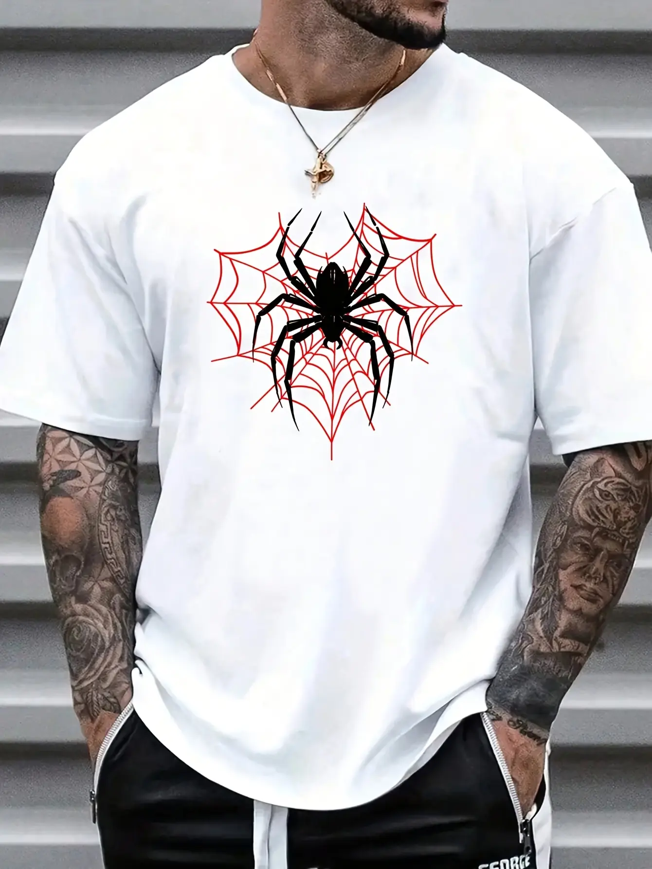 Men's summer 100% pure cotton fashionable casual loose spider web pattern printed round neck short sleeved T-shirt top