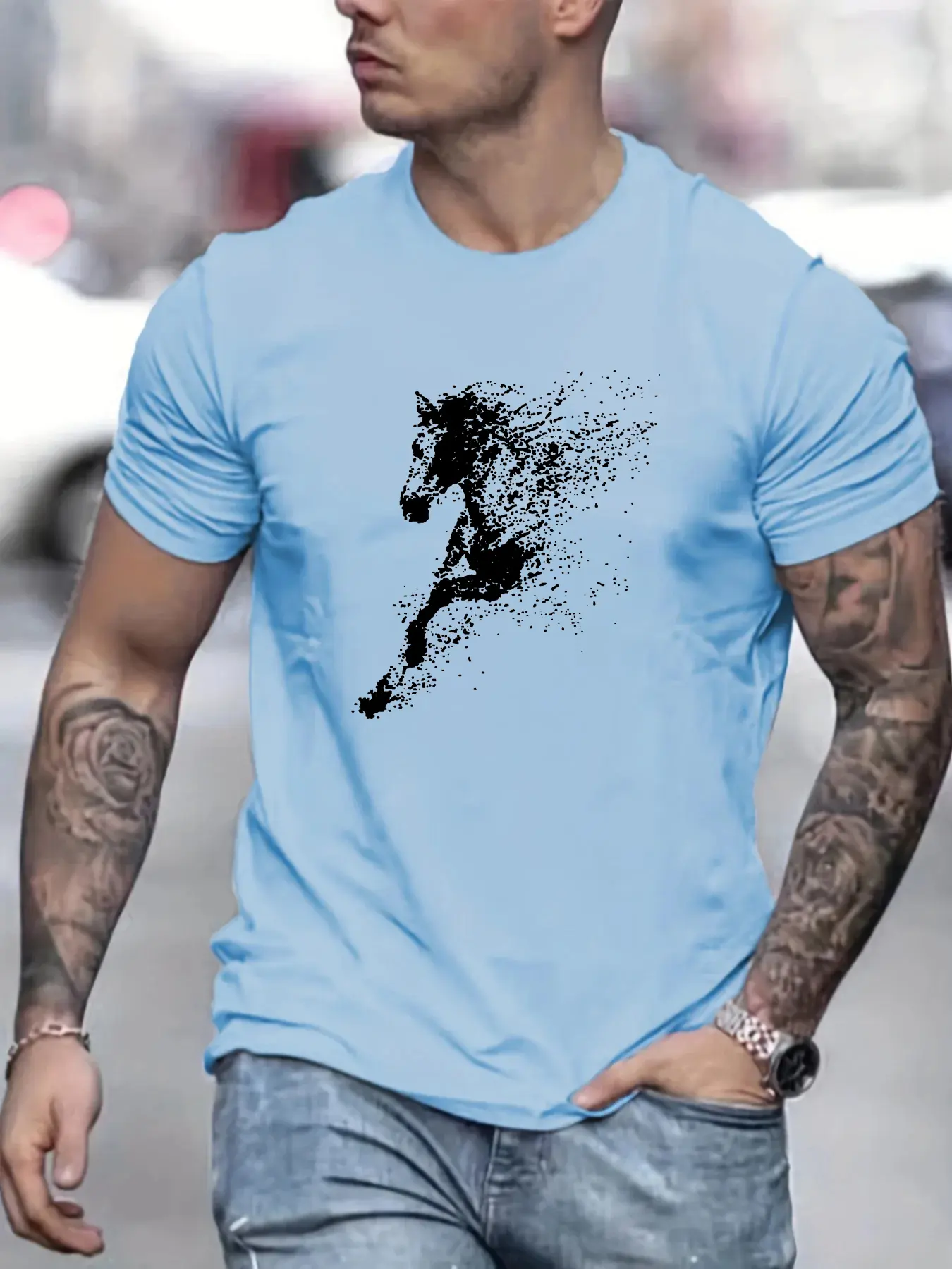 Men's Summer 100 Cotton Fashionable Casual Loose Large Black Horse Pattern Printed Round Neck Short Sleeve T-shirt Top