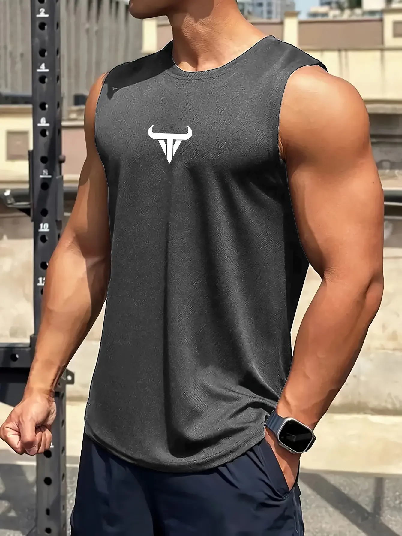 Men's summer fashion casual sports loose bull pattern print comfortable and breathable round neck sleeveless vest