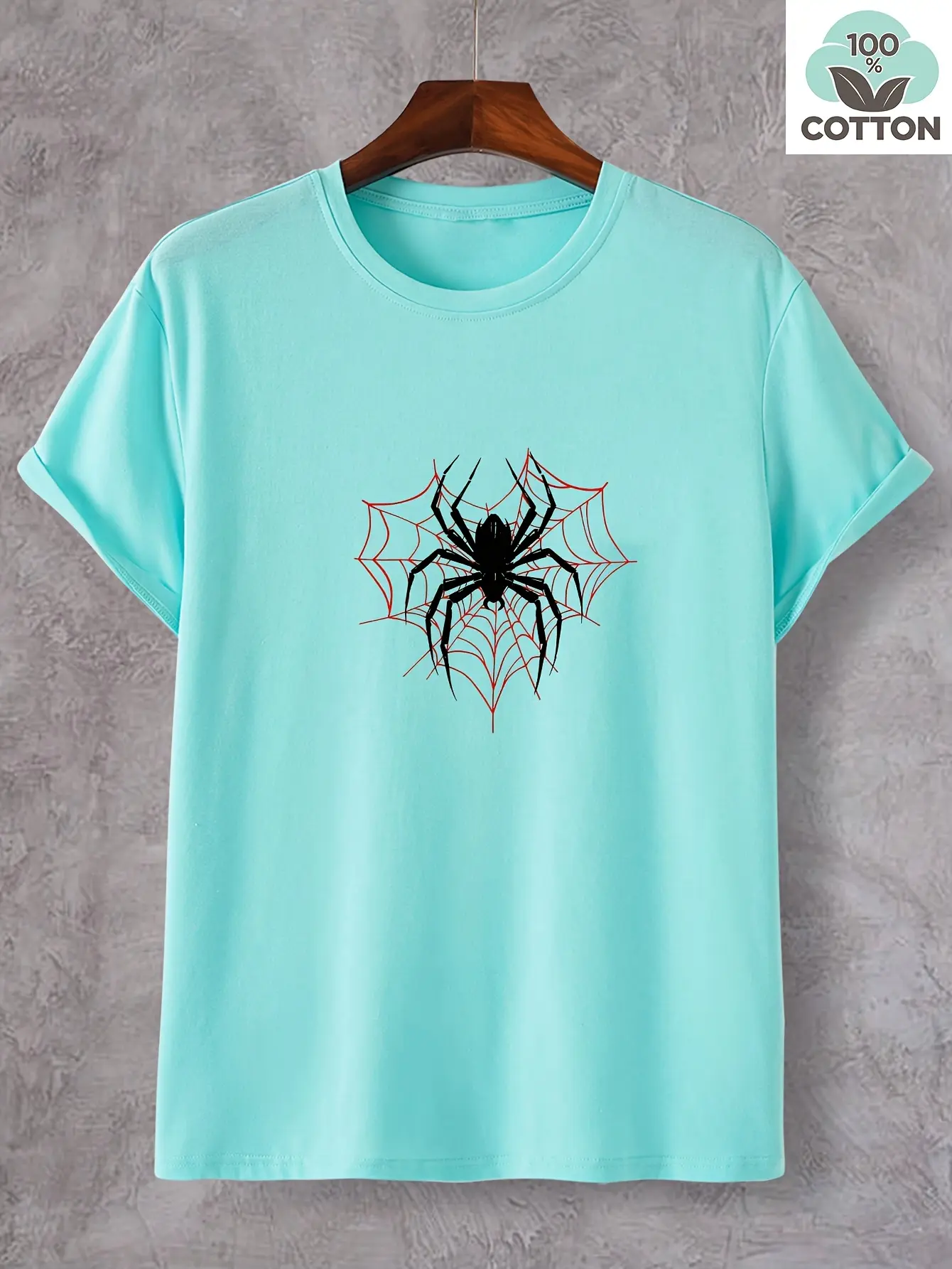 Men's summer 100% pure cotton fashionable casual loose spider web pattern printed round neck short sleeved T-shirt top