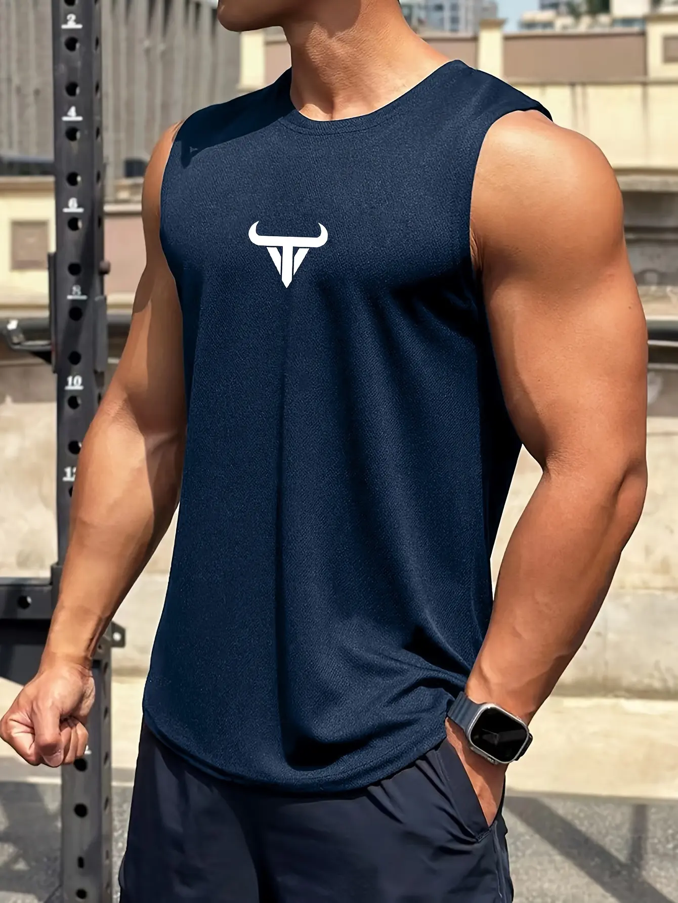 Men's summer fashion casual sports loose bull pattern print comfortable and breathable round neck sleeveless vest