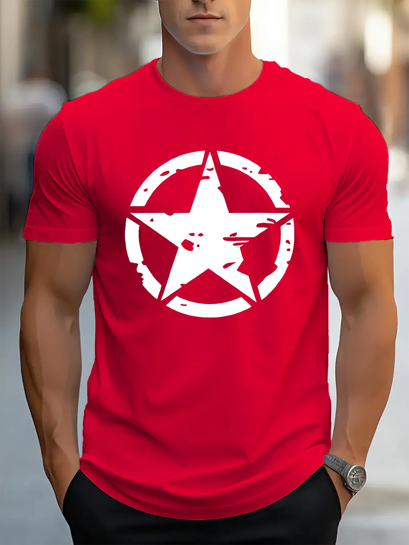 Men's summer 100% pure cotton fashionable Men's Casual Short-Sleeve T-Shirt with Geometric Print - Breathable Crew Ne