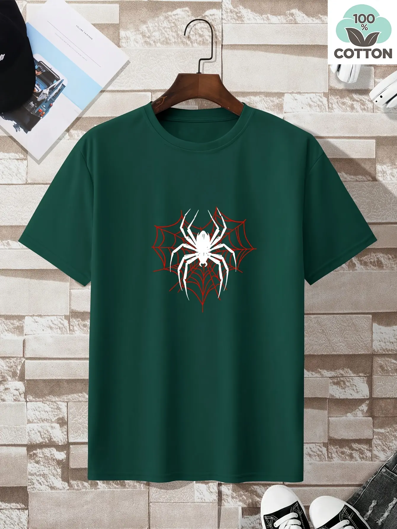 Men's summer 100% pure cotton fashionable casual loose spider web pattern printed round neck short sleeved T-shirt top