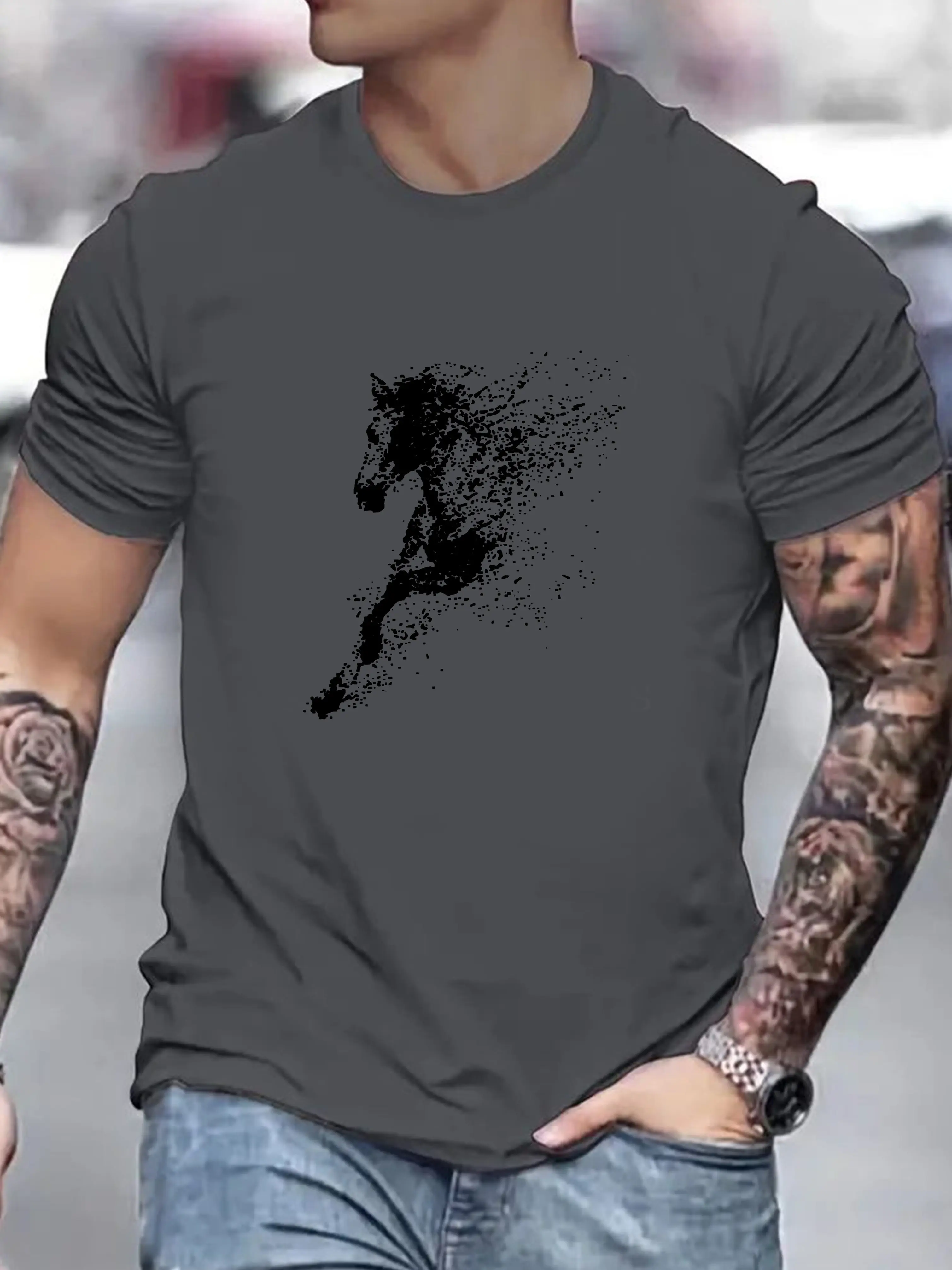Men's Summer 100 Cotton Fashionable Casual Loose Large Black Horse Pattern Printed Round Neck Short Sleeve T-shirt Top