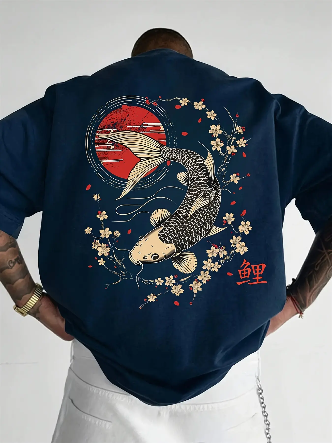 Men's summer 100% pure cotton fashionable casual sports loose Japanese goldfish pattern printed round neck short sleeved T-shirt