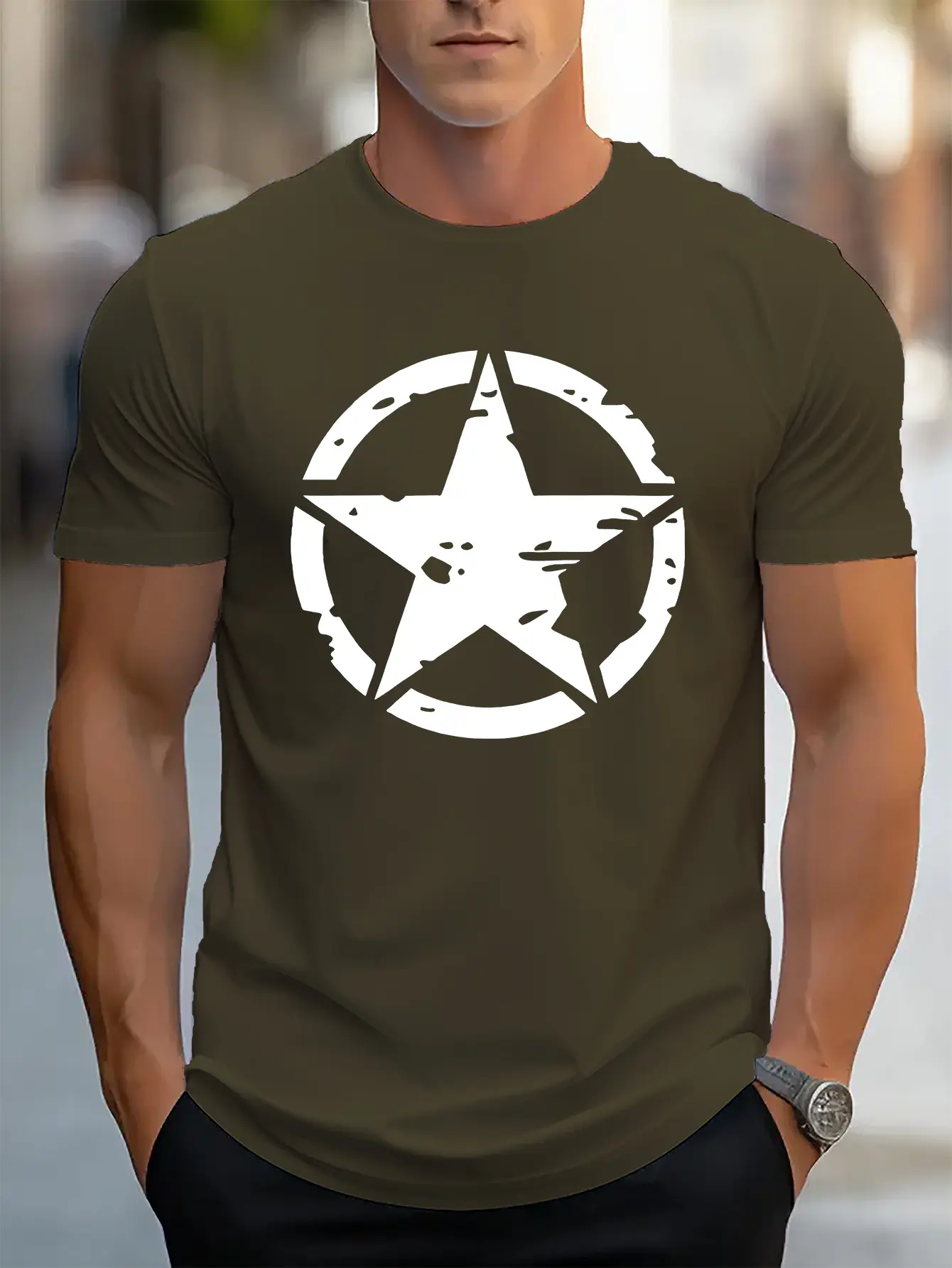 Men's summer 100% pure cotton fashionable Men's Casual Short-Sleeve T-Shirt with Geometric Print - Breathable Crew Ne