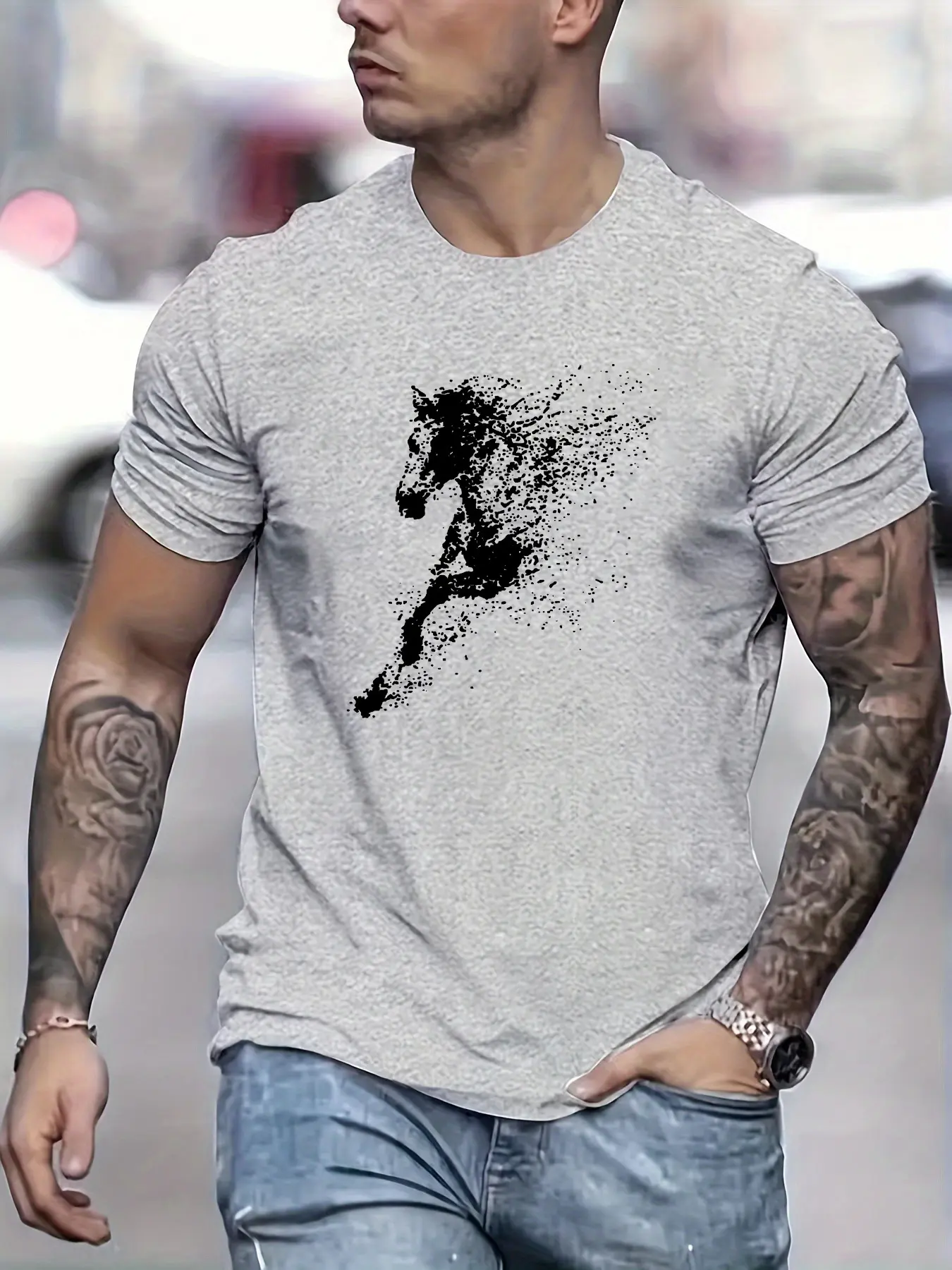Men's Summer 100 Cotton Fashionable Casual Loose Large Black Horse Pattern Printed Round Neck Short Sleeve T-shirt Top