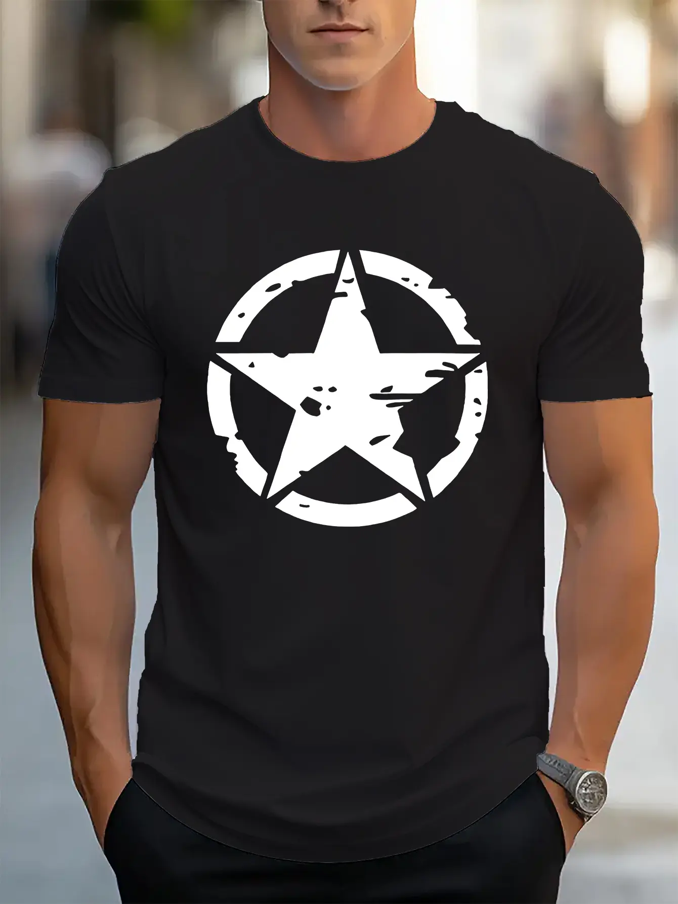 Men's summer 100% pure cotton fashionable Men's Casual Short-Sleeve T-Shirt with Geometric Print - Breathable Crew Ne