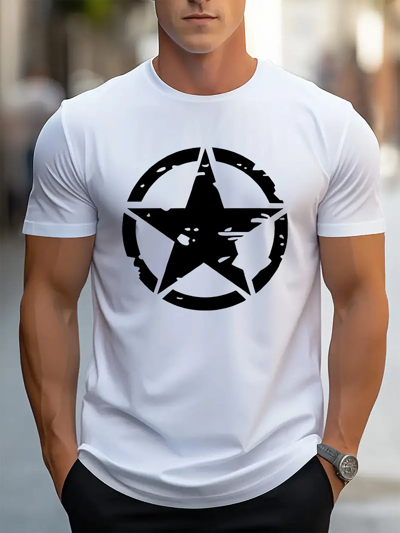 Men's summer 100% pure cotton fashionable Men's Casual Short-Sleeve T-Shirt with Geometric Print - Breathable Crew Ne